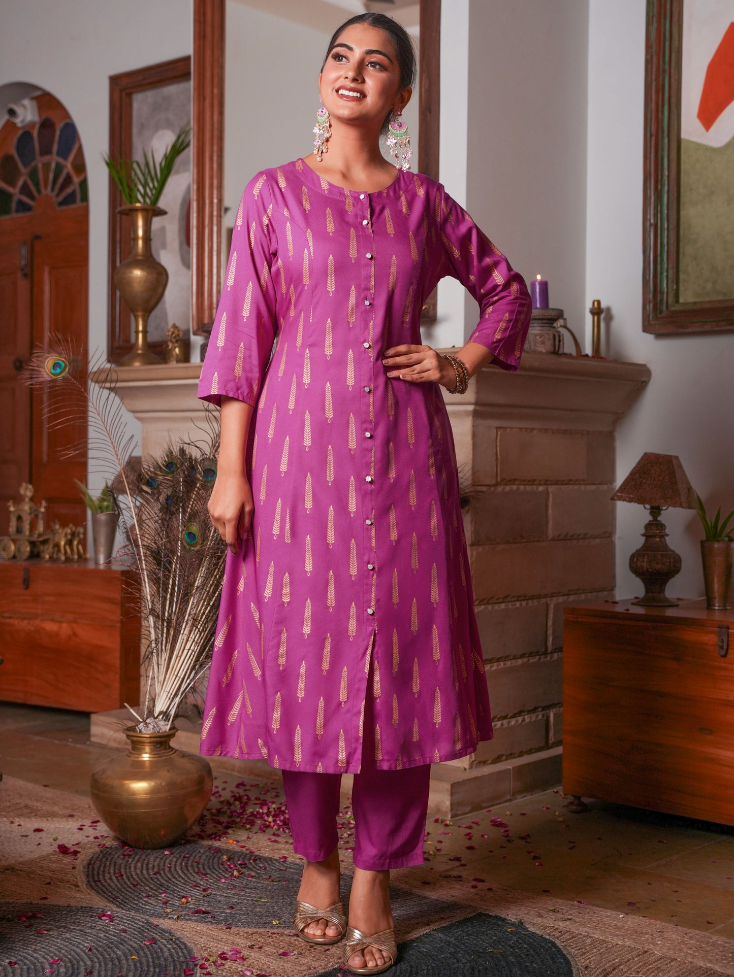 Viscose Gold foil A-line Pink Kurta