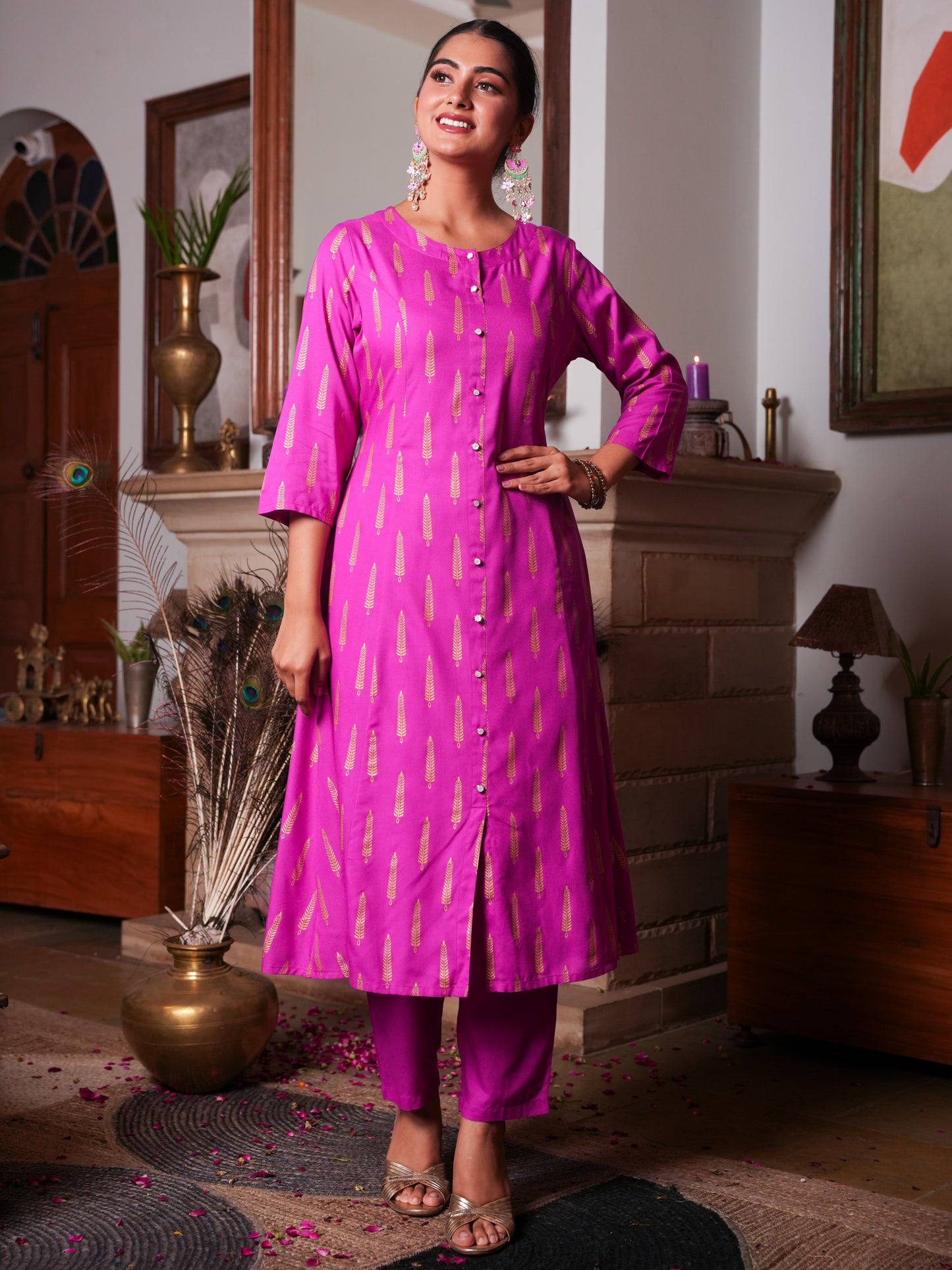 Viscose Gold foil A-line Pink Kurta