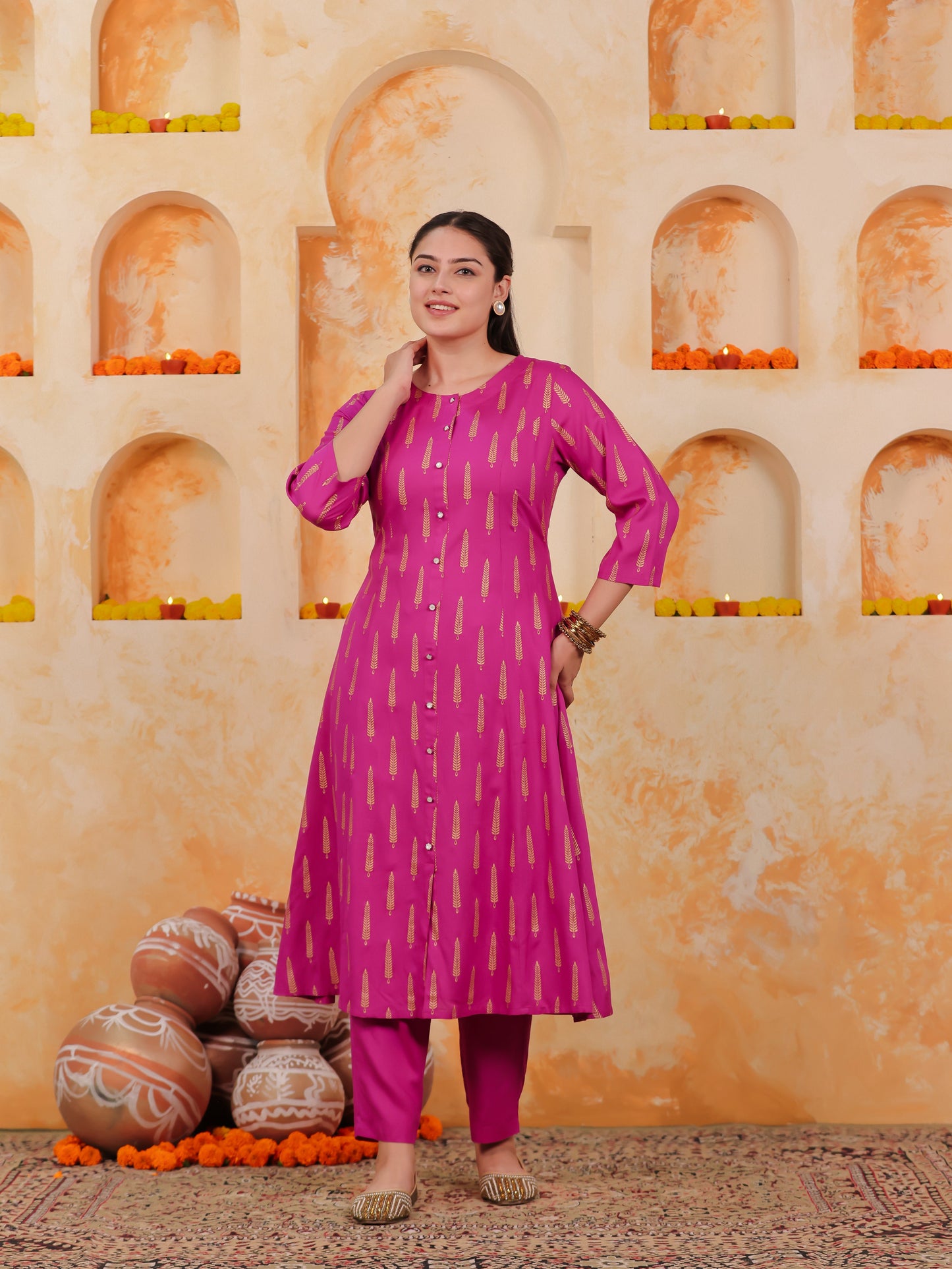 Viscose Gold foil A-line Pink Kurta
