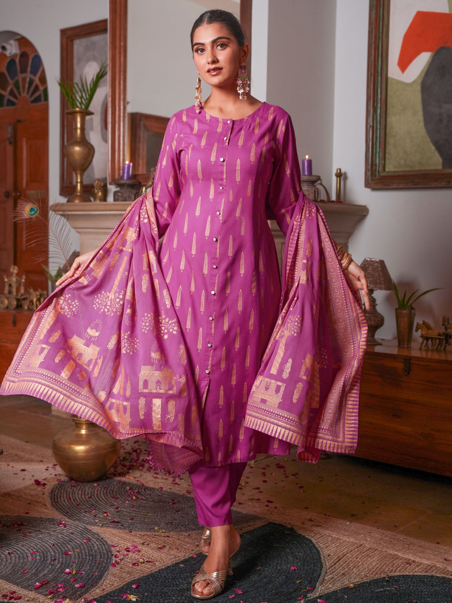 Viscose Gold foil A-line Pink Kurta