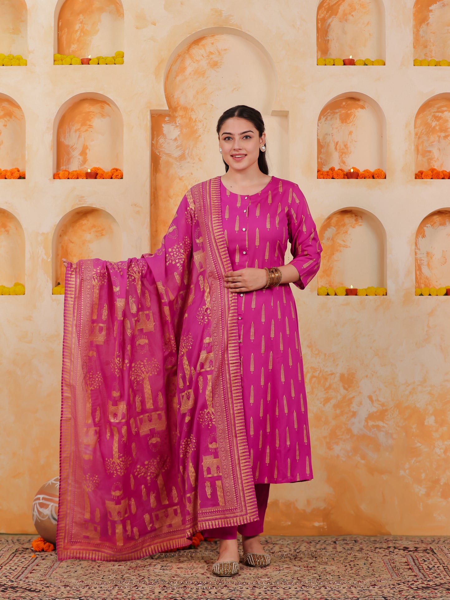 Viscose Gold foil A-line Pink Kurta