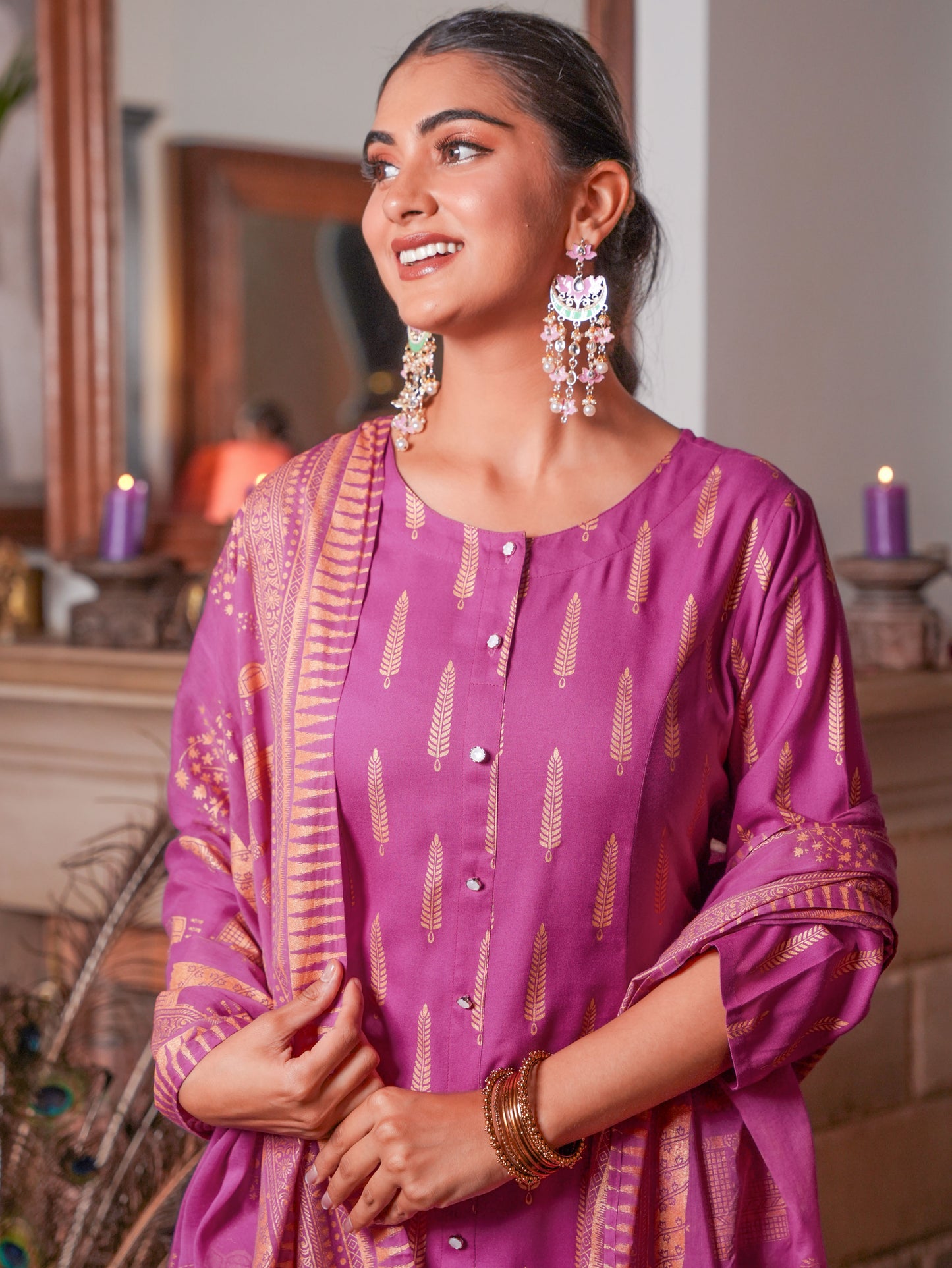 Viscose Gold foil A-line Pink Kurta
