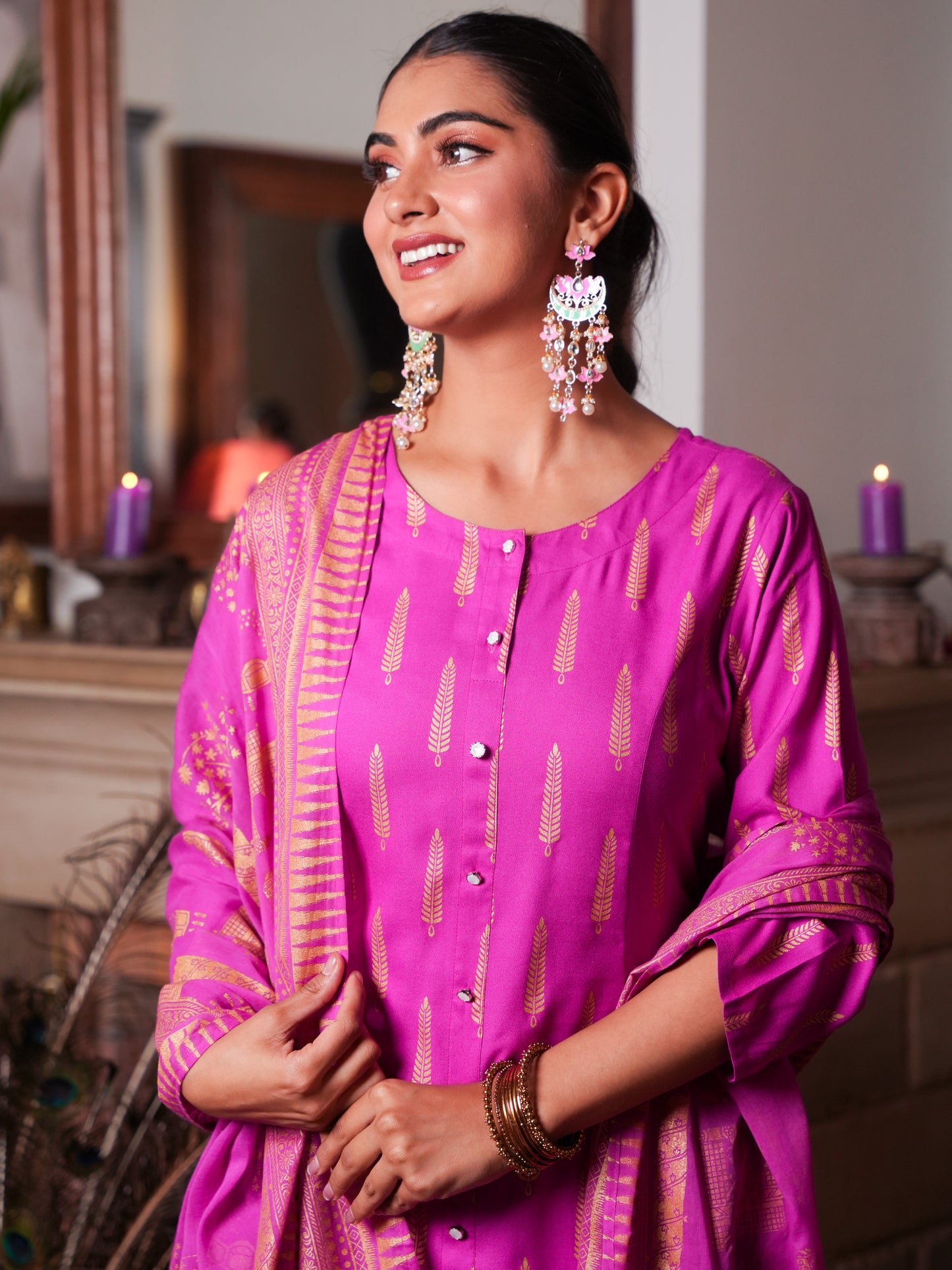 Viscose Gold foil A-line Pink Kurta