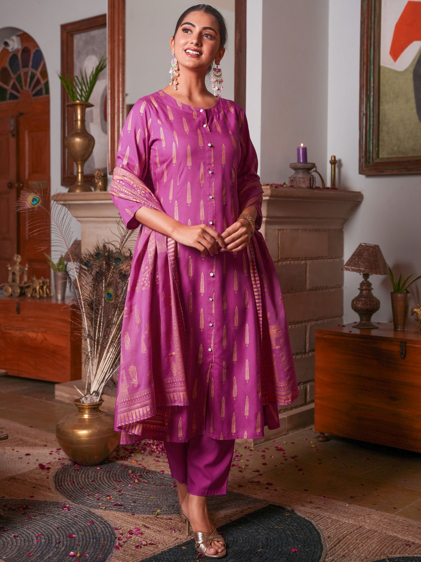 Viscose Gold foil A-line Pink Kurta