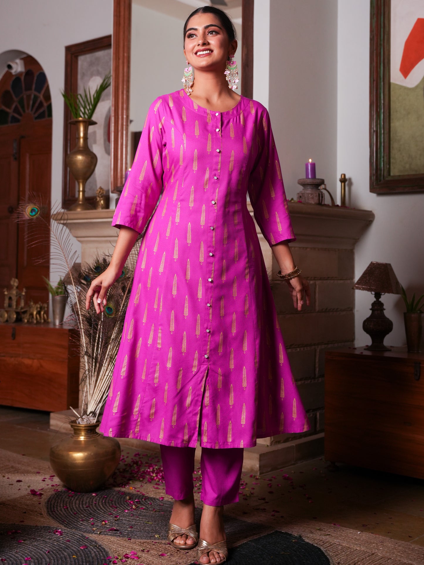 Viscose Gold foil A-line Pink Kurta