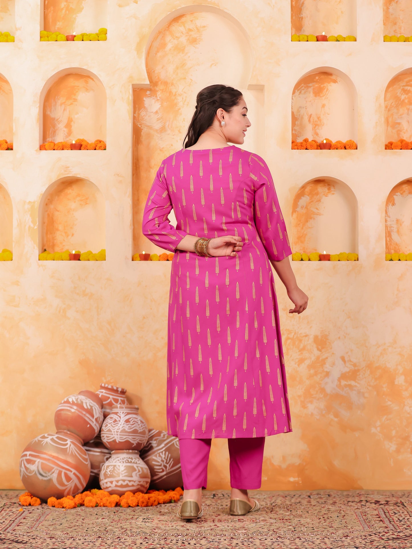 Viscose Gold foil A-line Pink Kurta