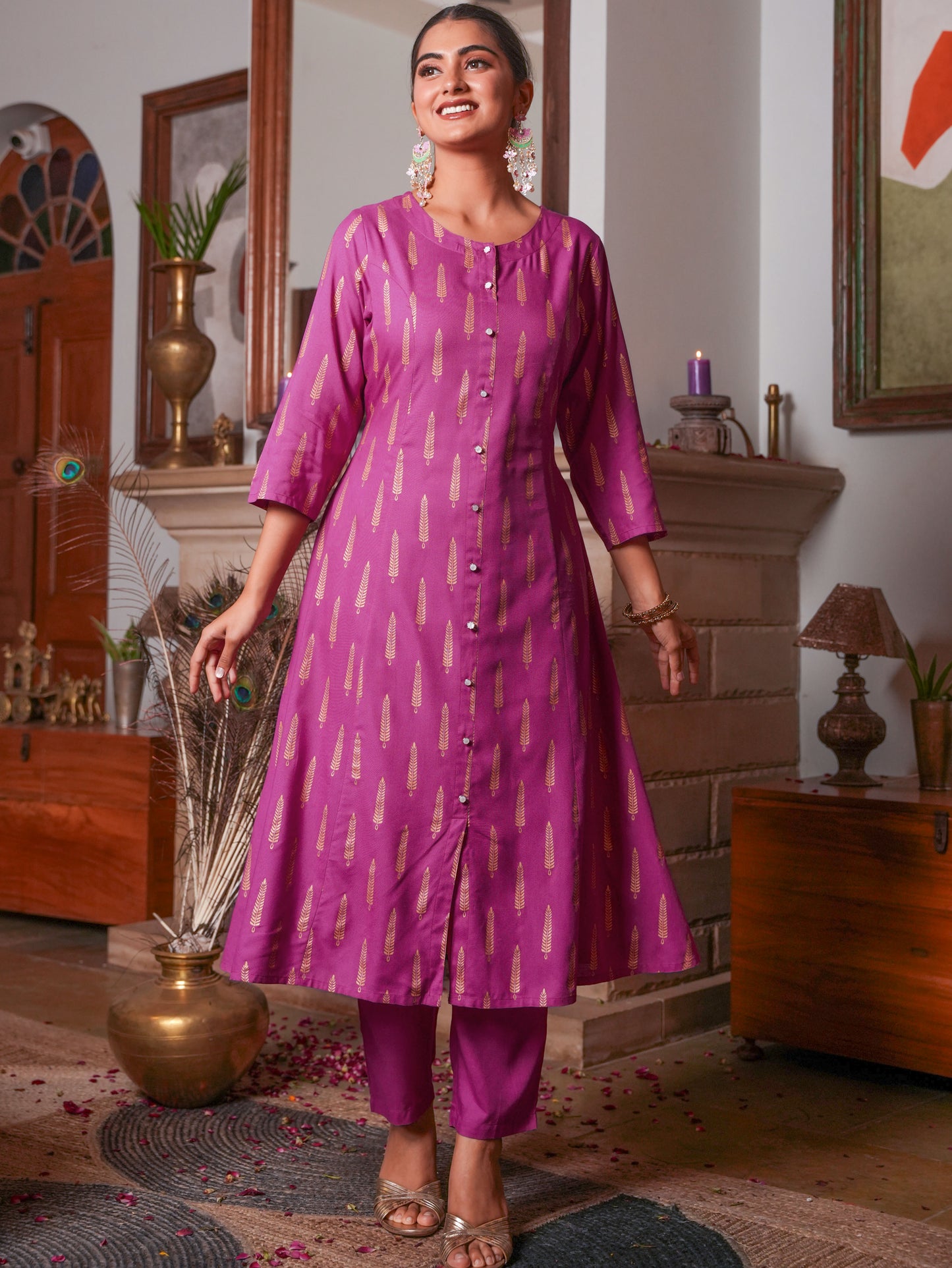 Viscose Gold foil A-line Pink Kurta