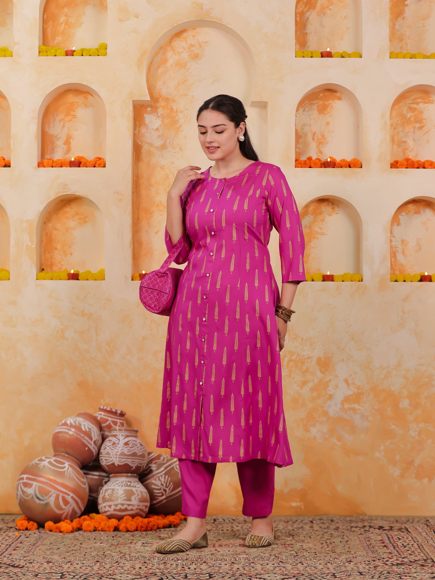 Viscose Gold foil A-line Pink Kurta