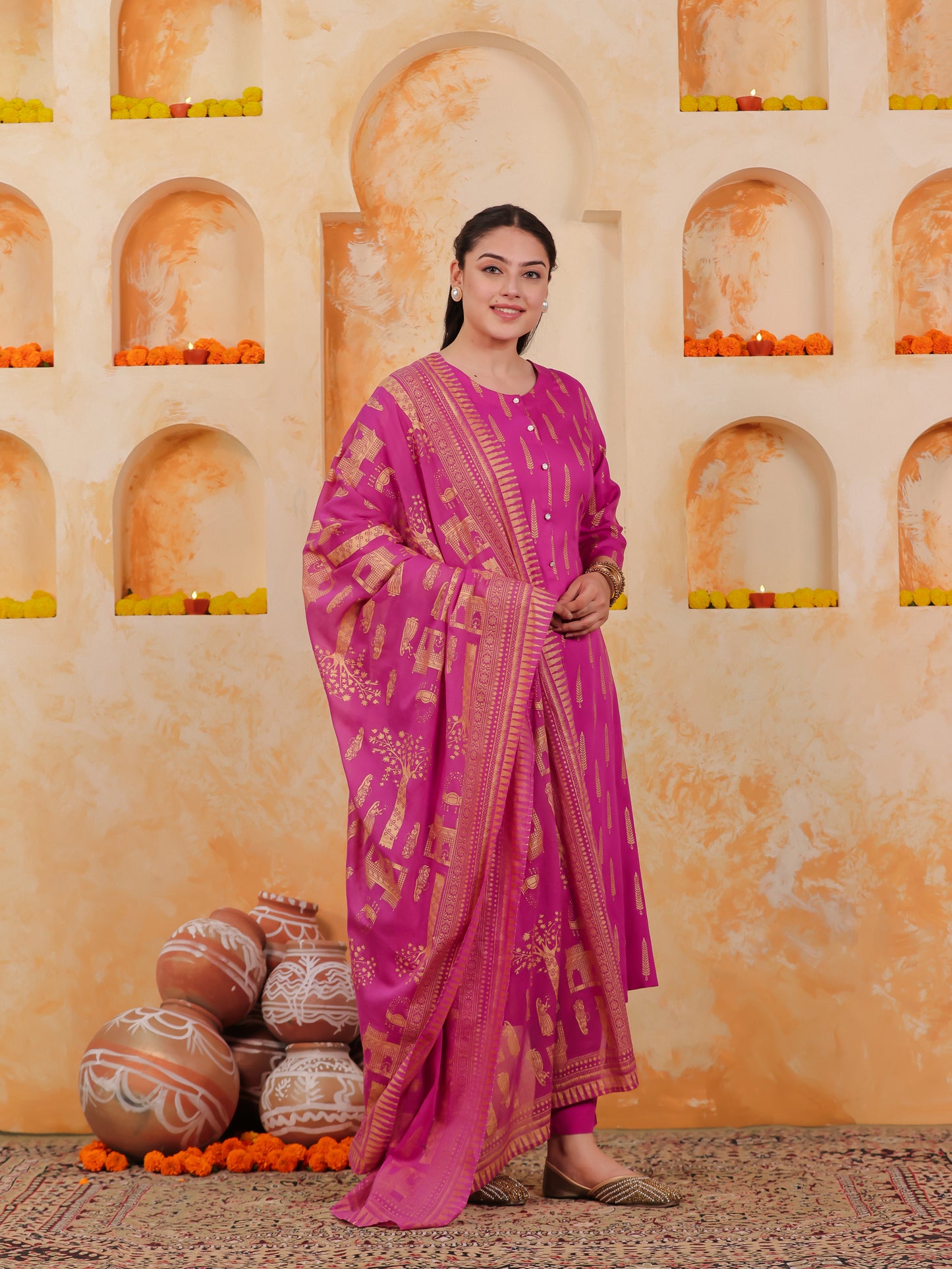 Viscose Gold foil A-line Pink Kurta