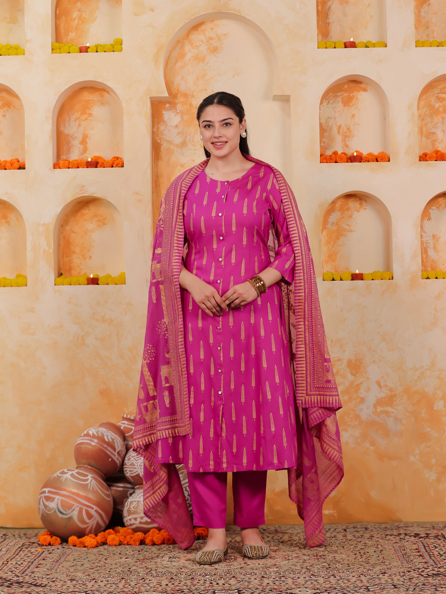 Viscose Gold foil A-line Pink Kurta