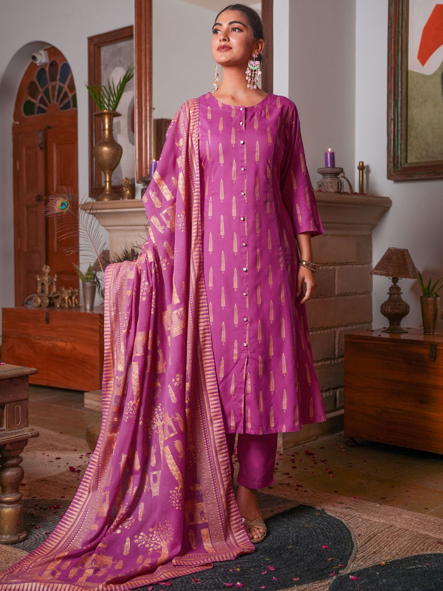 Viscose Gold foil A-line Pink Kurta