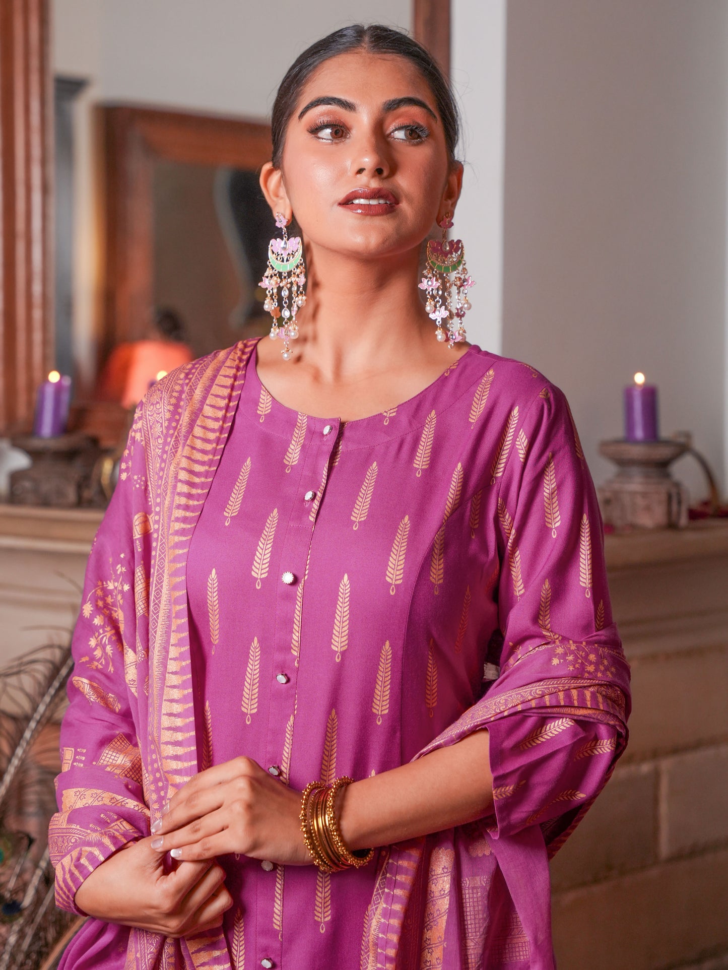 Viscose Gold foil A-line Pink Kurta