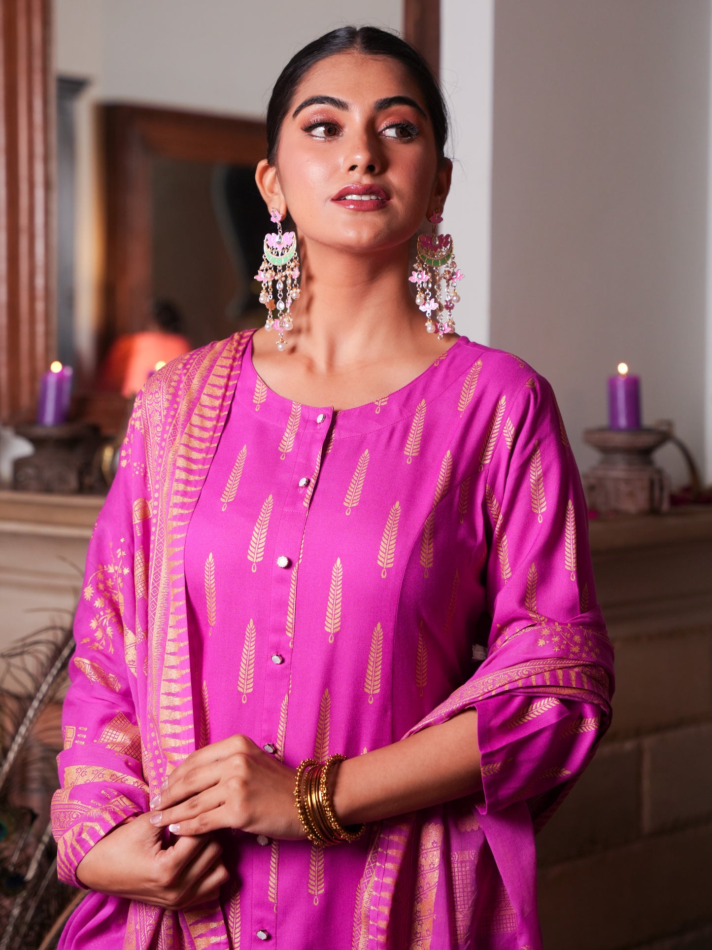 Viscose Gold foil A-line Pink Kurta