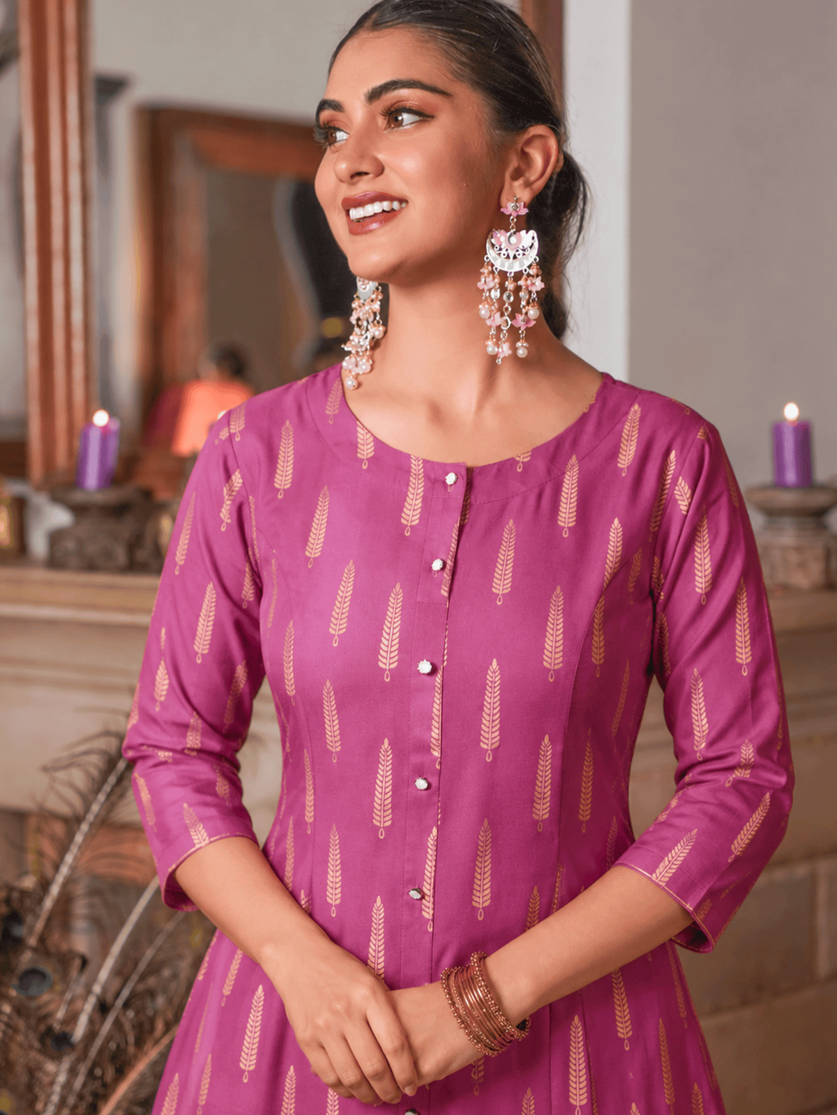 Viscose Gold foil A-line Pink Kurta