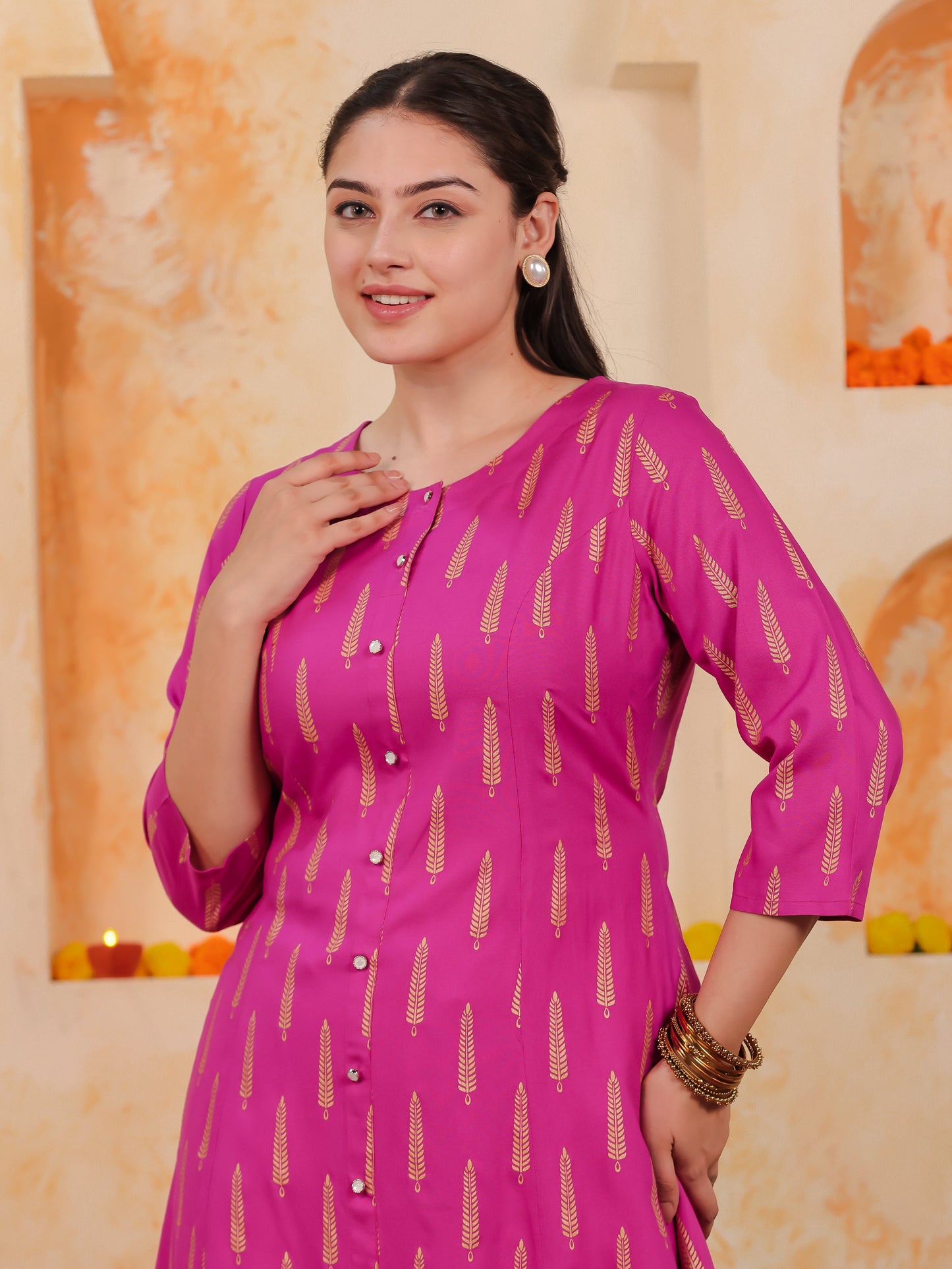 Viscose Gold foil A-line Pink Kurta