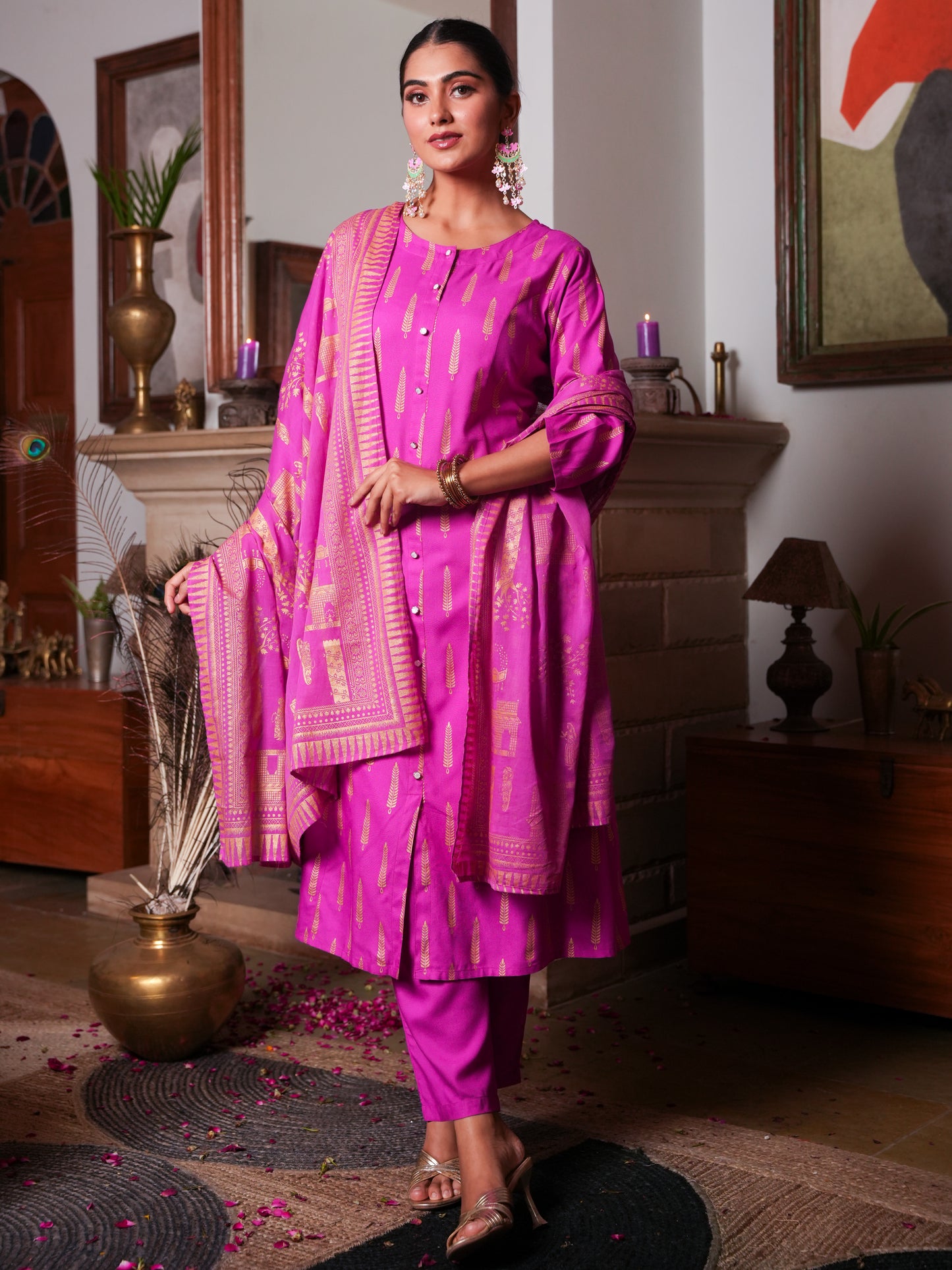 Viscose Gold foil A-line Pink Kurta