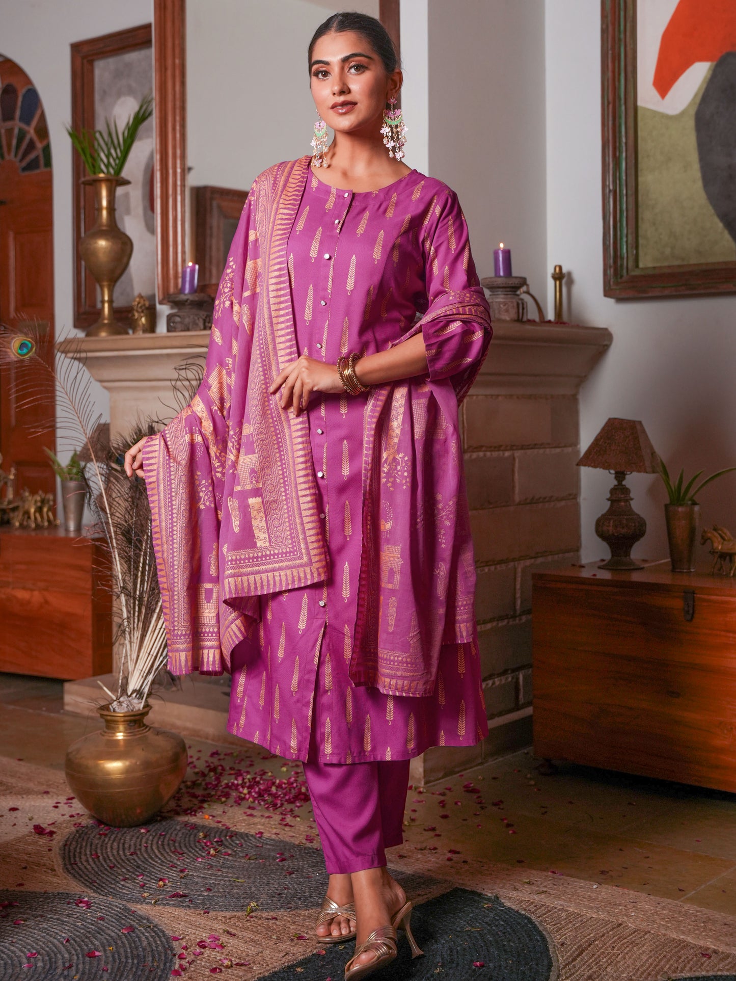 Viscose Gold foil A-line Pink Kurta