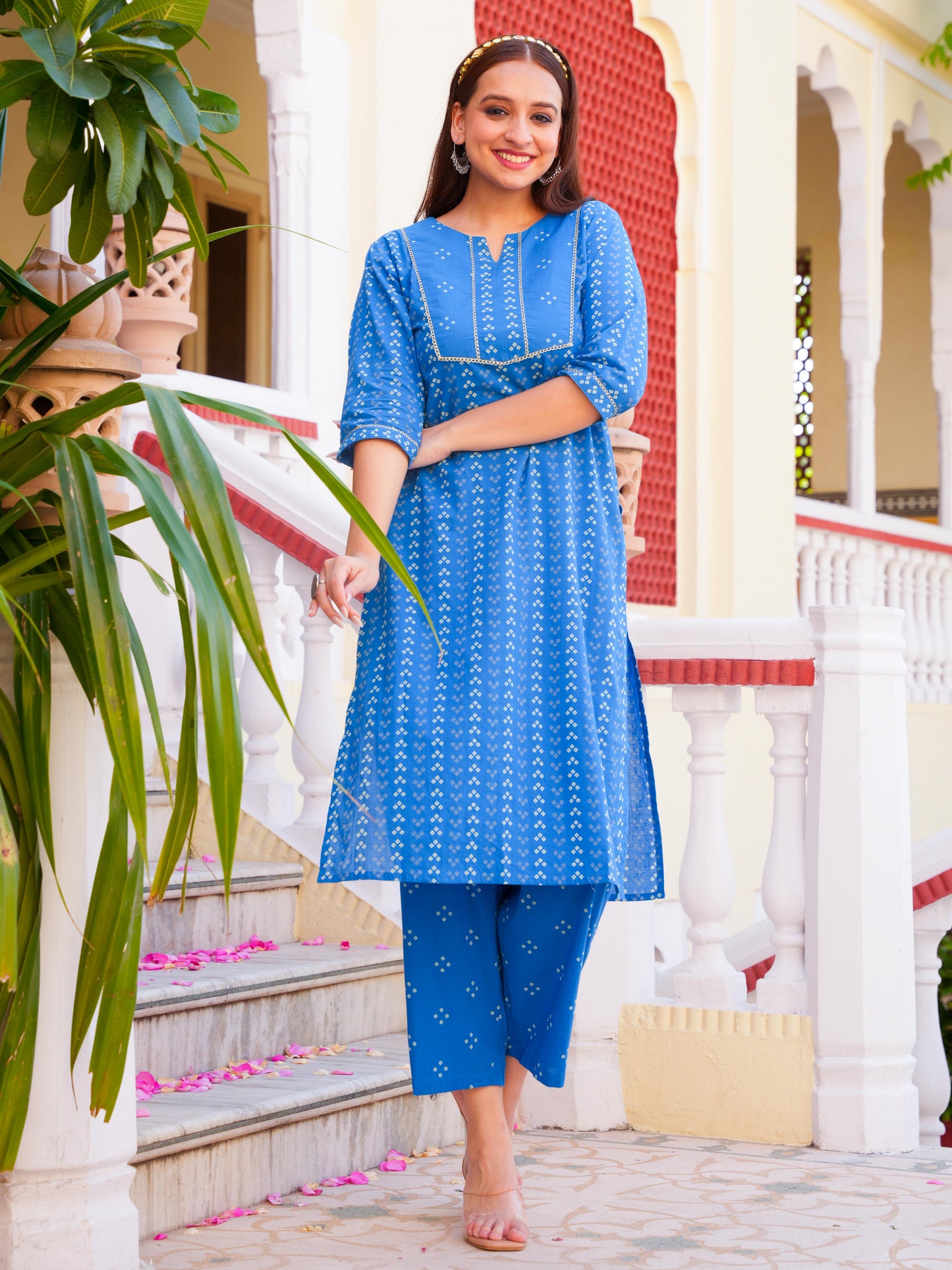 Soft Cotton Bandhani Straight Blue Kurta