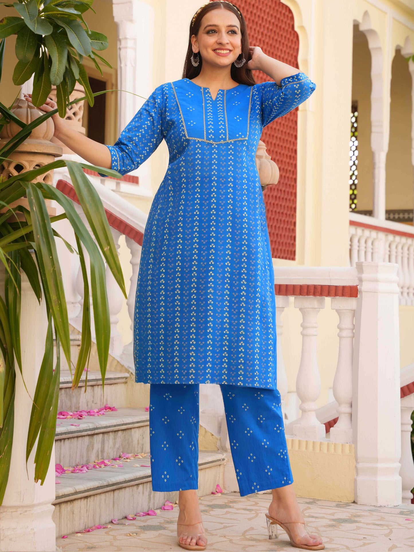 Soft Cotton Bandhani Straight Blue Kurta