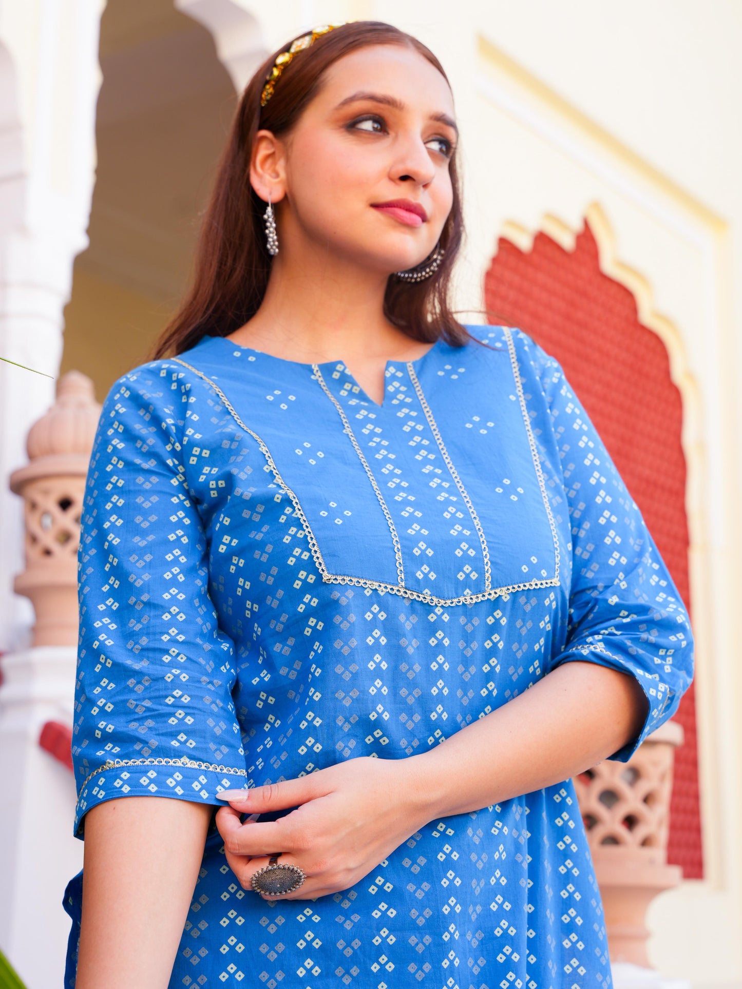 Soft Cotton Bandhani Straight Blue Kurta