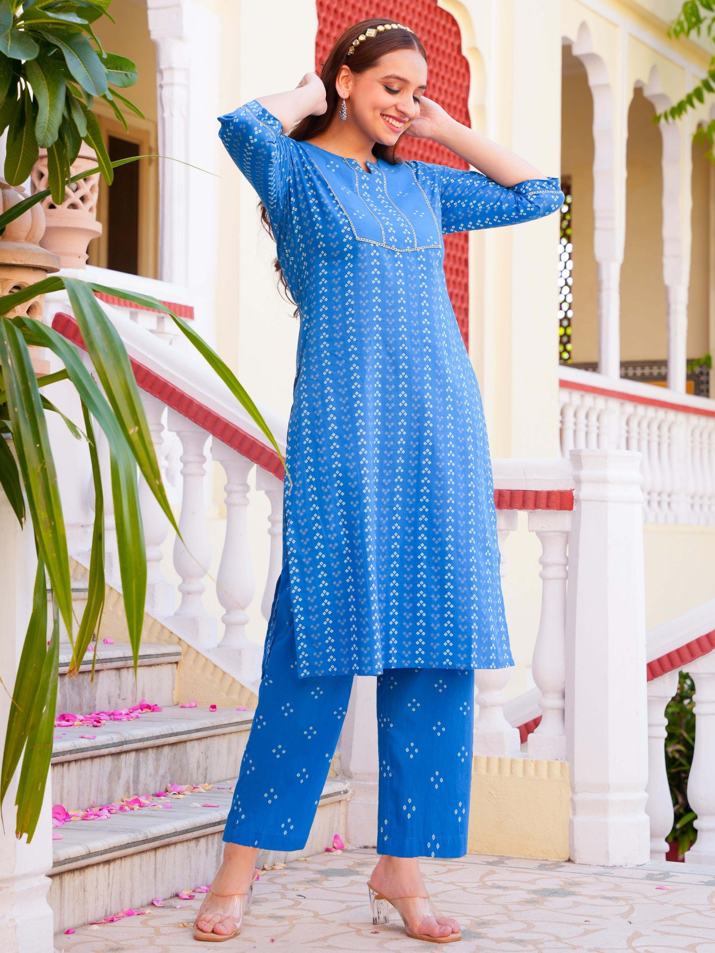 Soft Cotton Bandhani Straight Blue Kurta