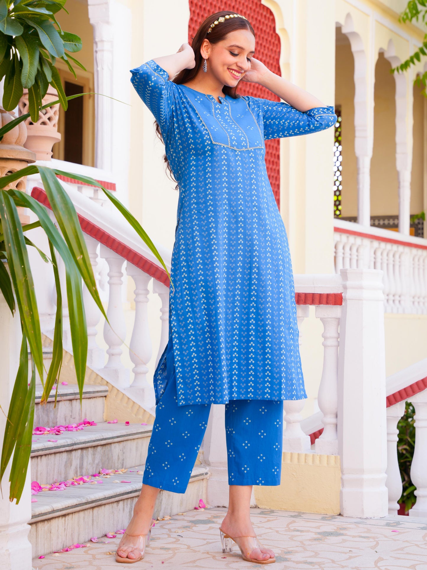 Soft Cotton Bandhani Straight Blue Kurta