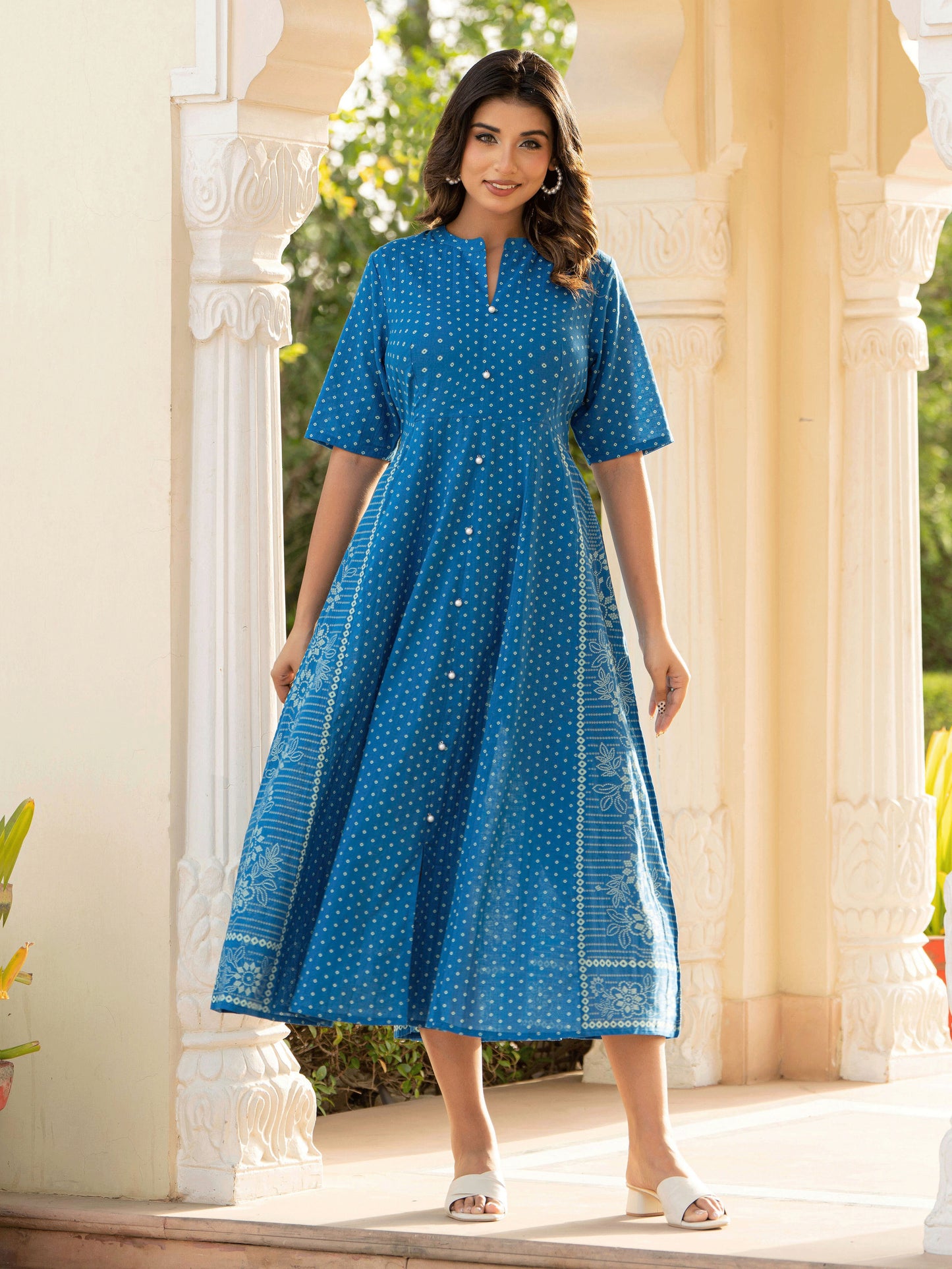 Soft Cotton Bandhani High Low Blue Dress