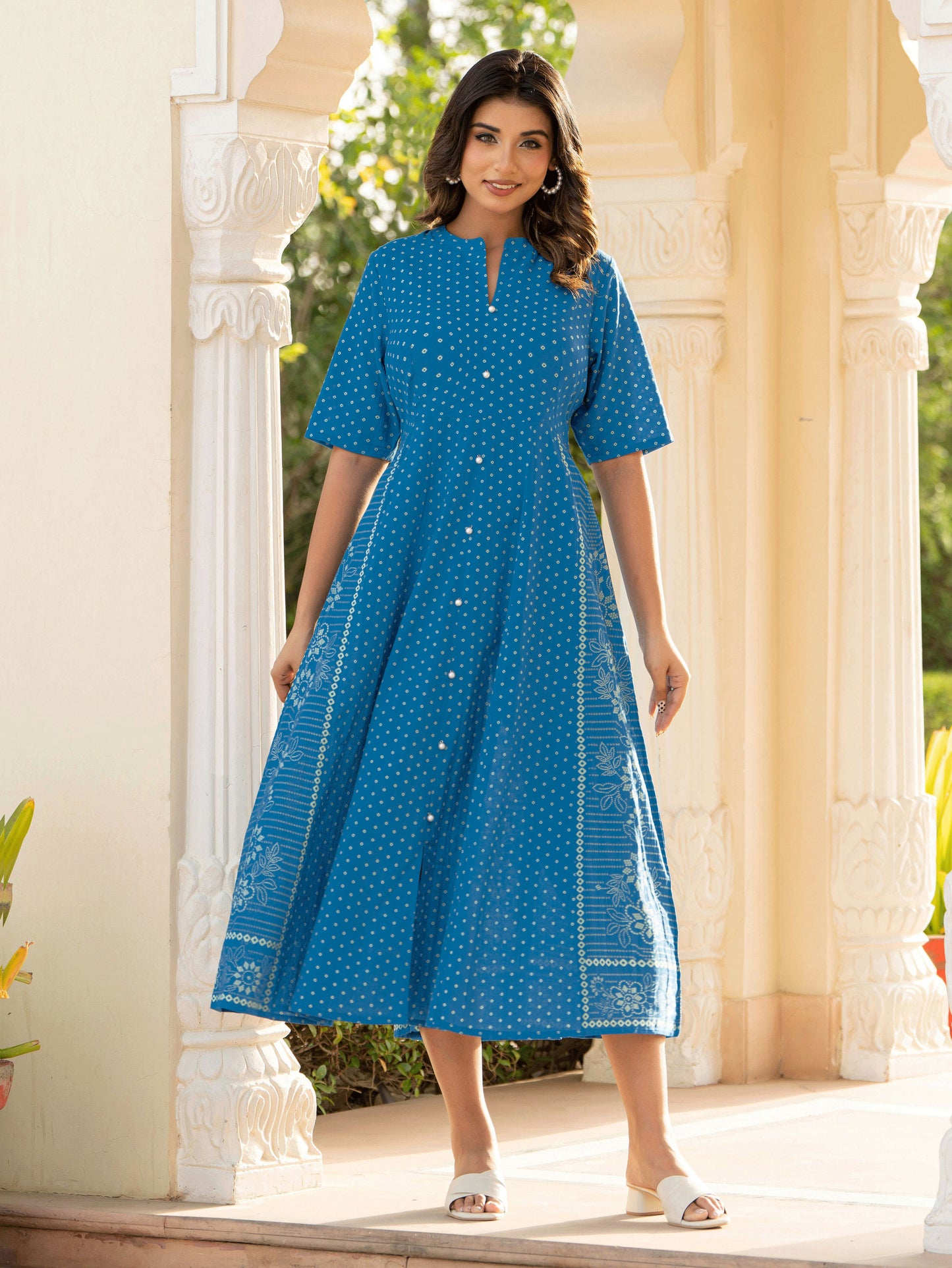 Soft Cotton Bandhani High Low Blue Dress
