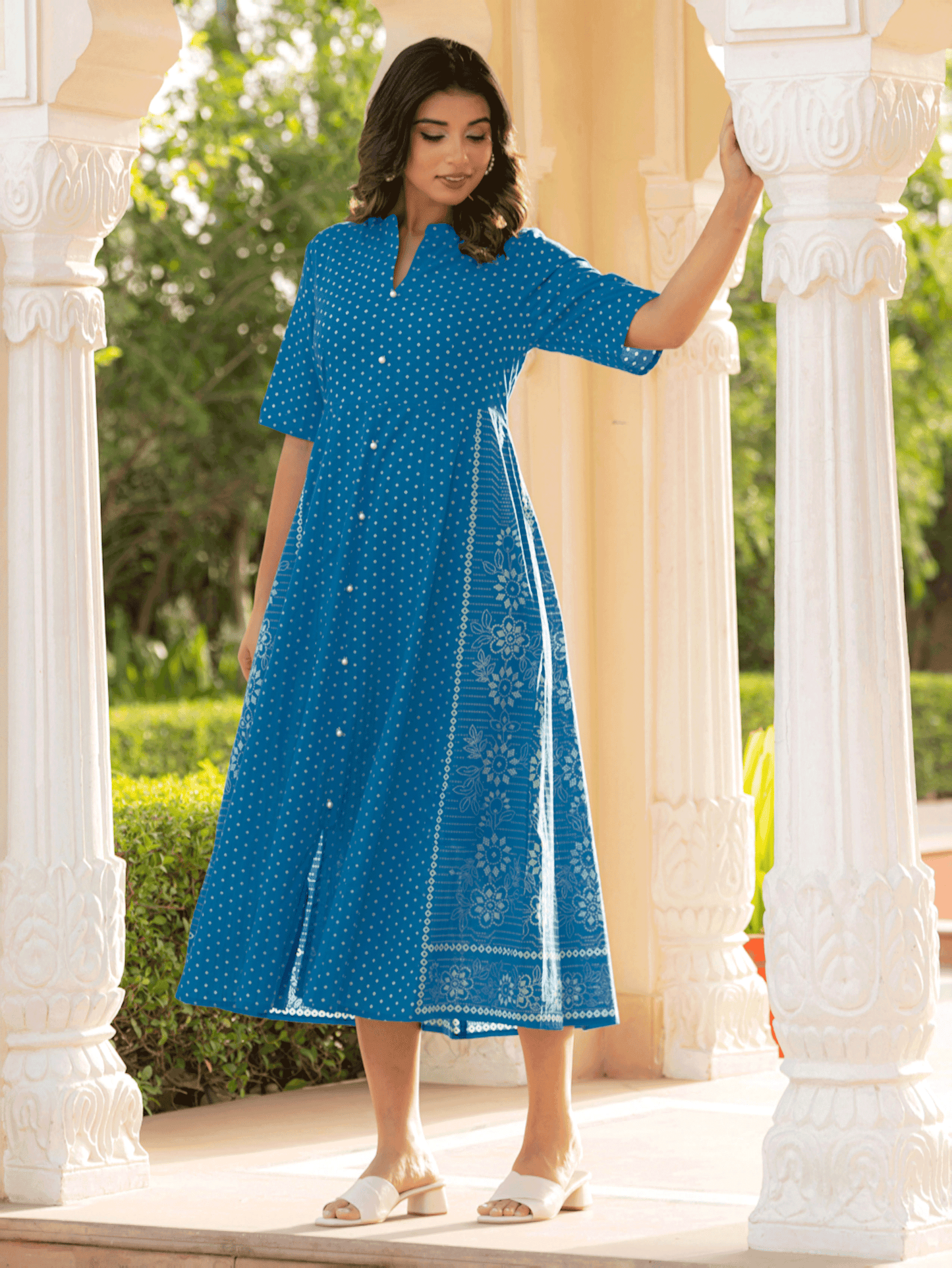 Soft Cotton Bandhani High Low Blue Dress