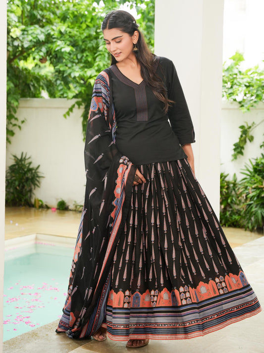 Cotton Voile Mughal Print Black Dupatta