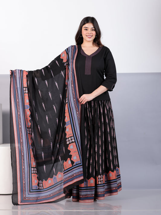 Cotton Voile Mughal Print Black Dupatta