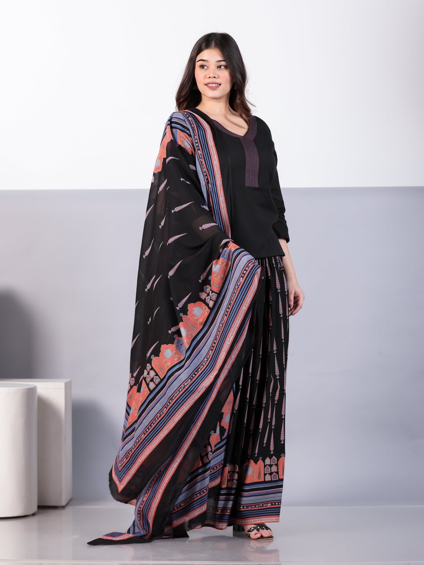 Cotton Voile Mughal Print Black Dupatta