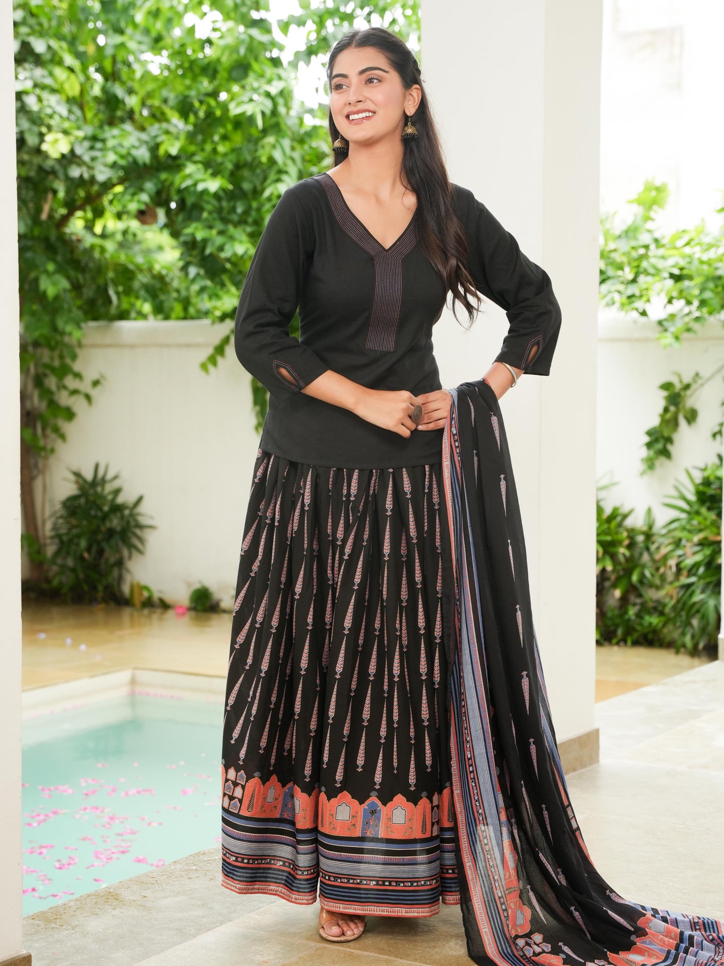 Cotton Voile Mughal Print Black Dupatta