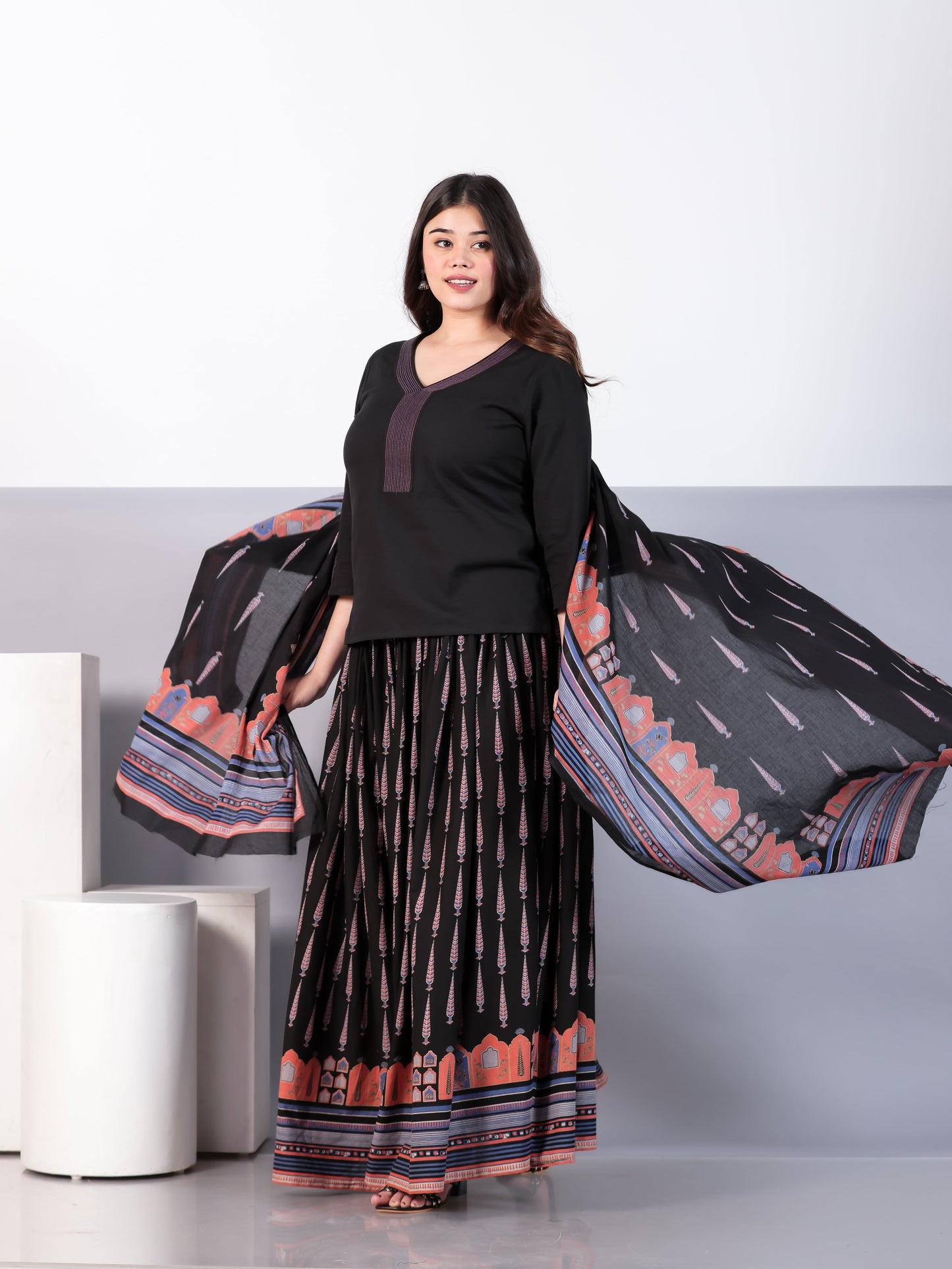 Cotton Voile Mughal Print Black Dupatta