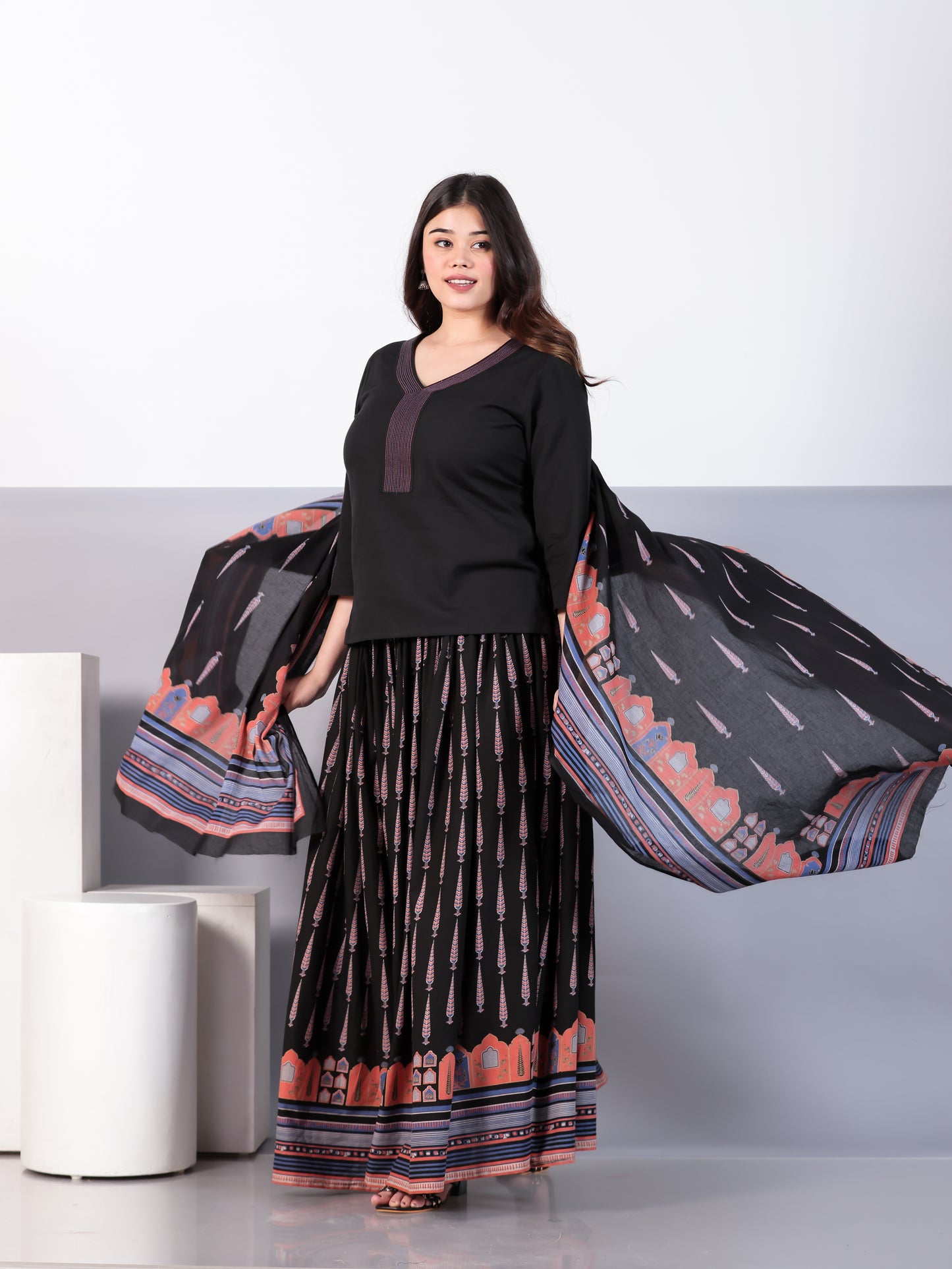 Embroidered Soft Cotton Solid Straight Black Kurta