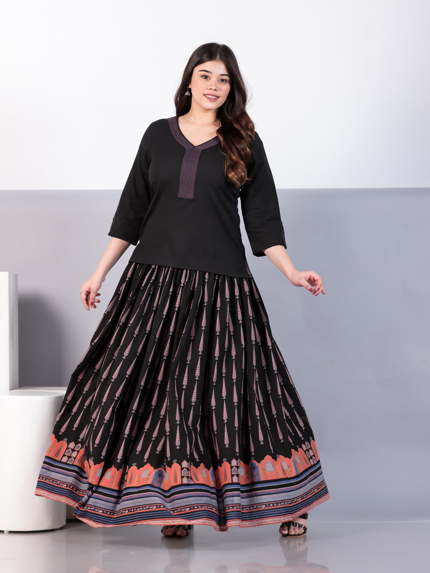Embroidered Soft Cotton Solid Straight Black Kurta