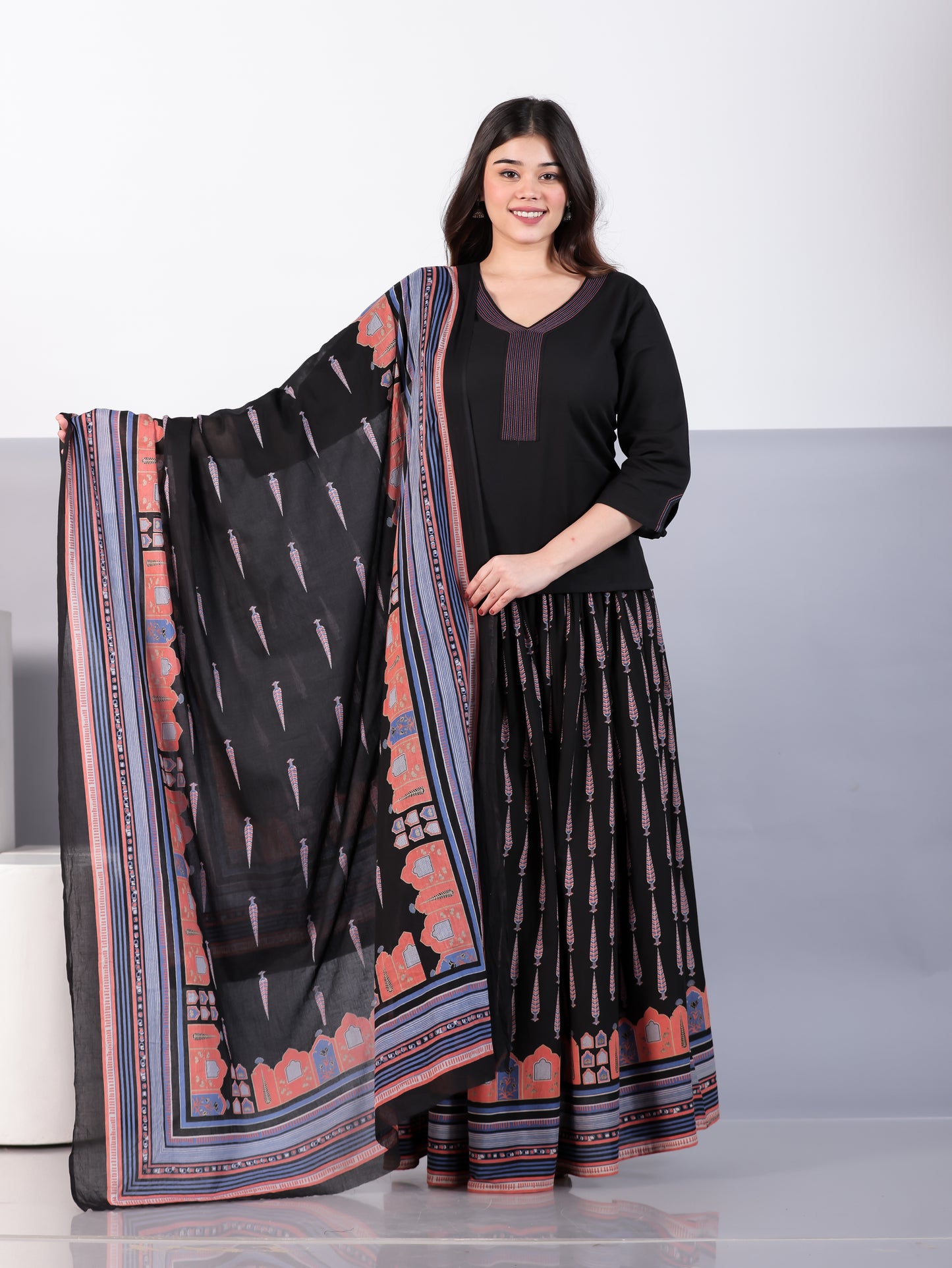 Embroidered Soft Cotton Solid Straight Black Kurta