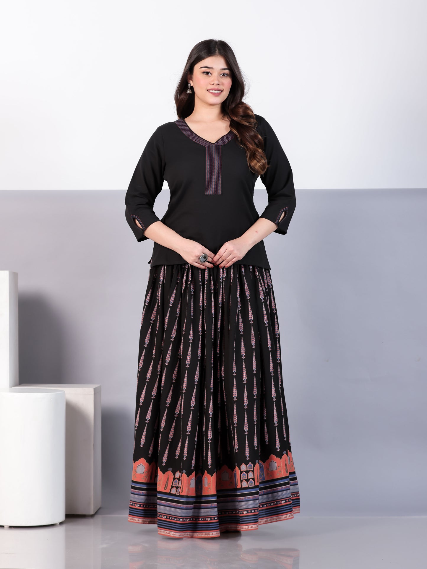 Embroidered Soft Cotton Solid Straight Black Kurta