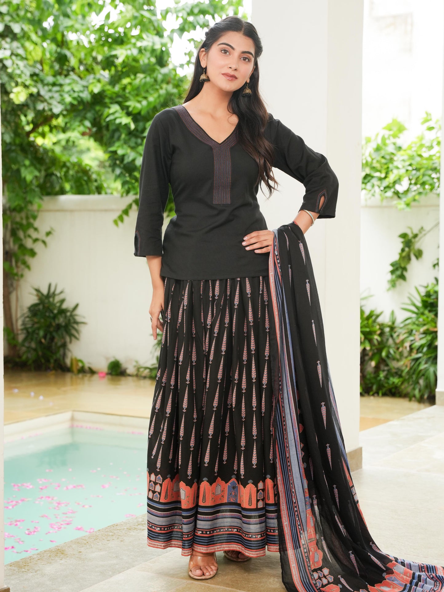 Embroidered Soft Cotton Solid Straight Black Kurta