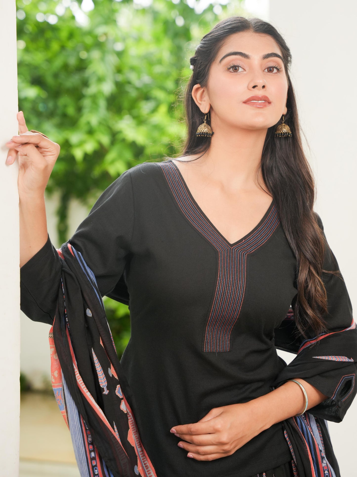 Embroidered Soft Cotton Solid Straight Black Kurta