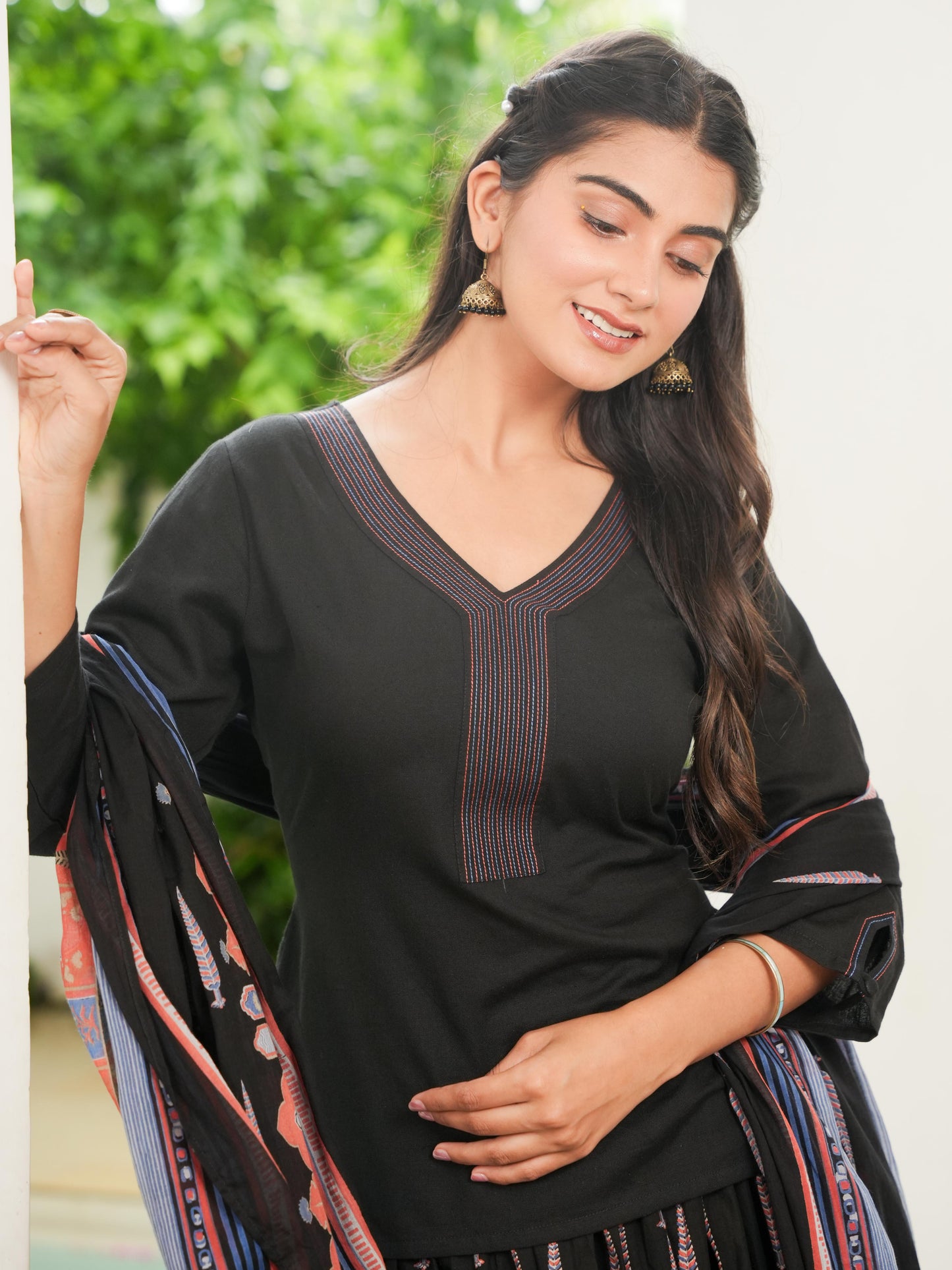 Embroidered Soft Cotton Solid Straight Black Kurta