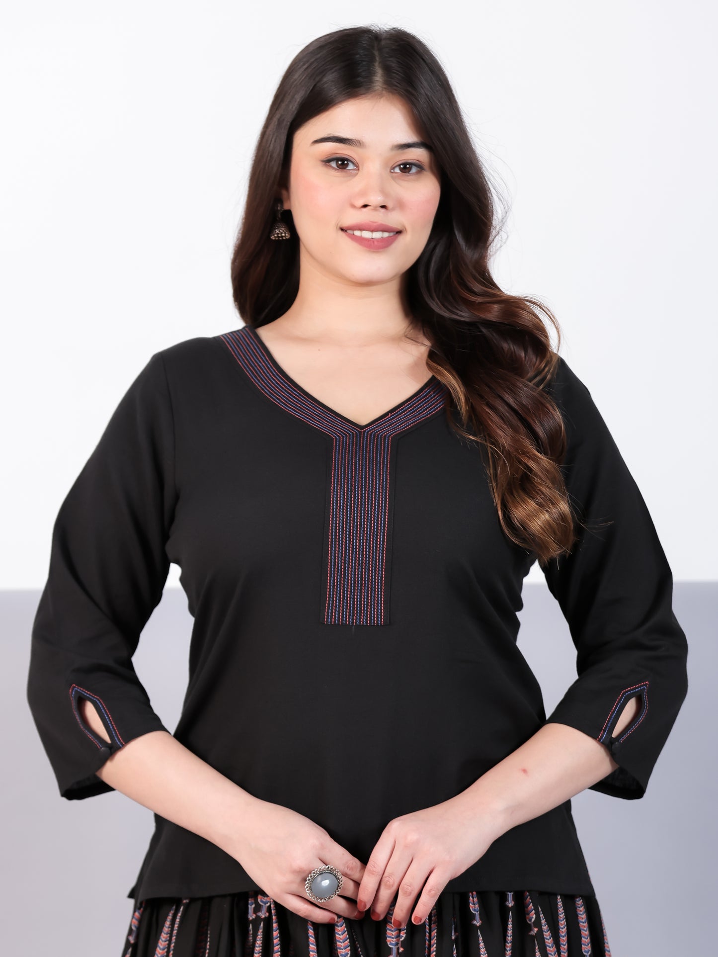 Embroidered Soft Cotton Solid Straight Black Kurta