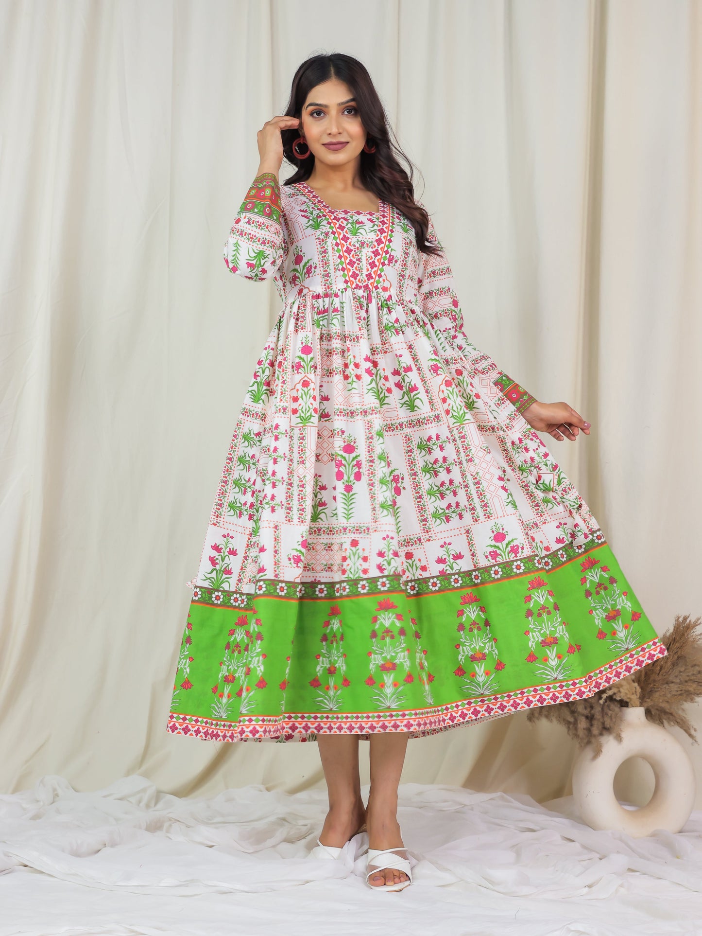 Soft Cotton Floral Anarkali Off White Dress