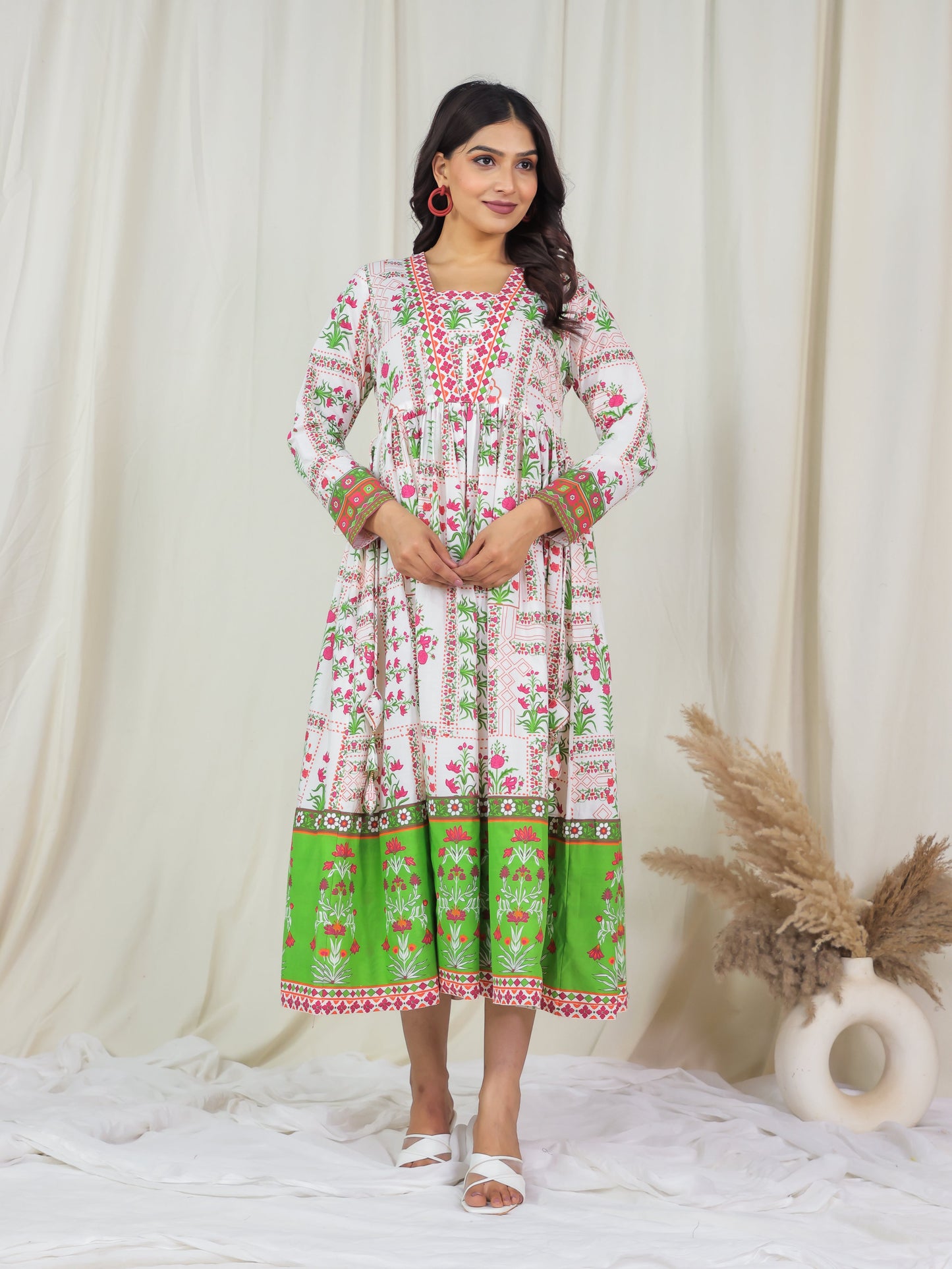 Soft Cotton Floral Anarkali Off White Dress