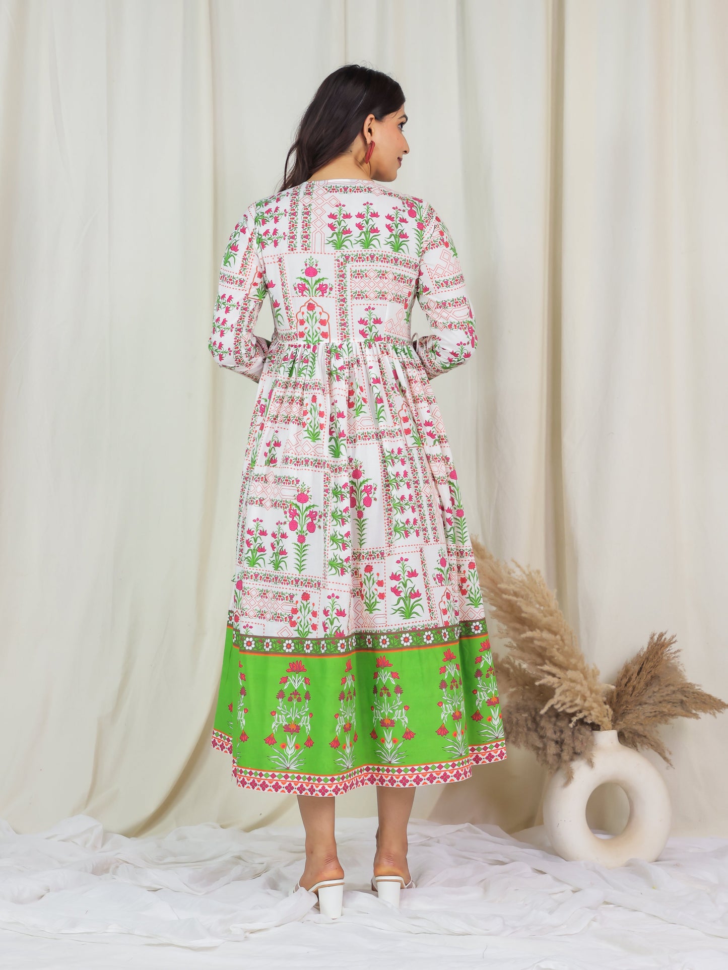 Soft Cotton Floral Anarkali Off White Dress