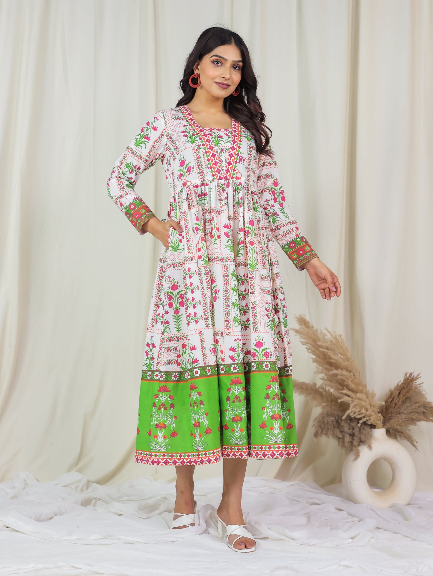 Soft Cotton Floral Anarkali Off White Dress