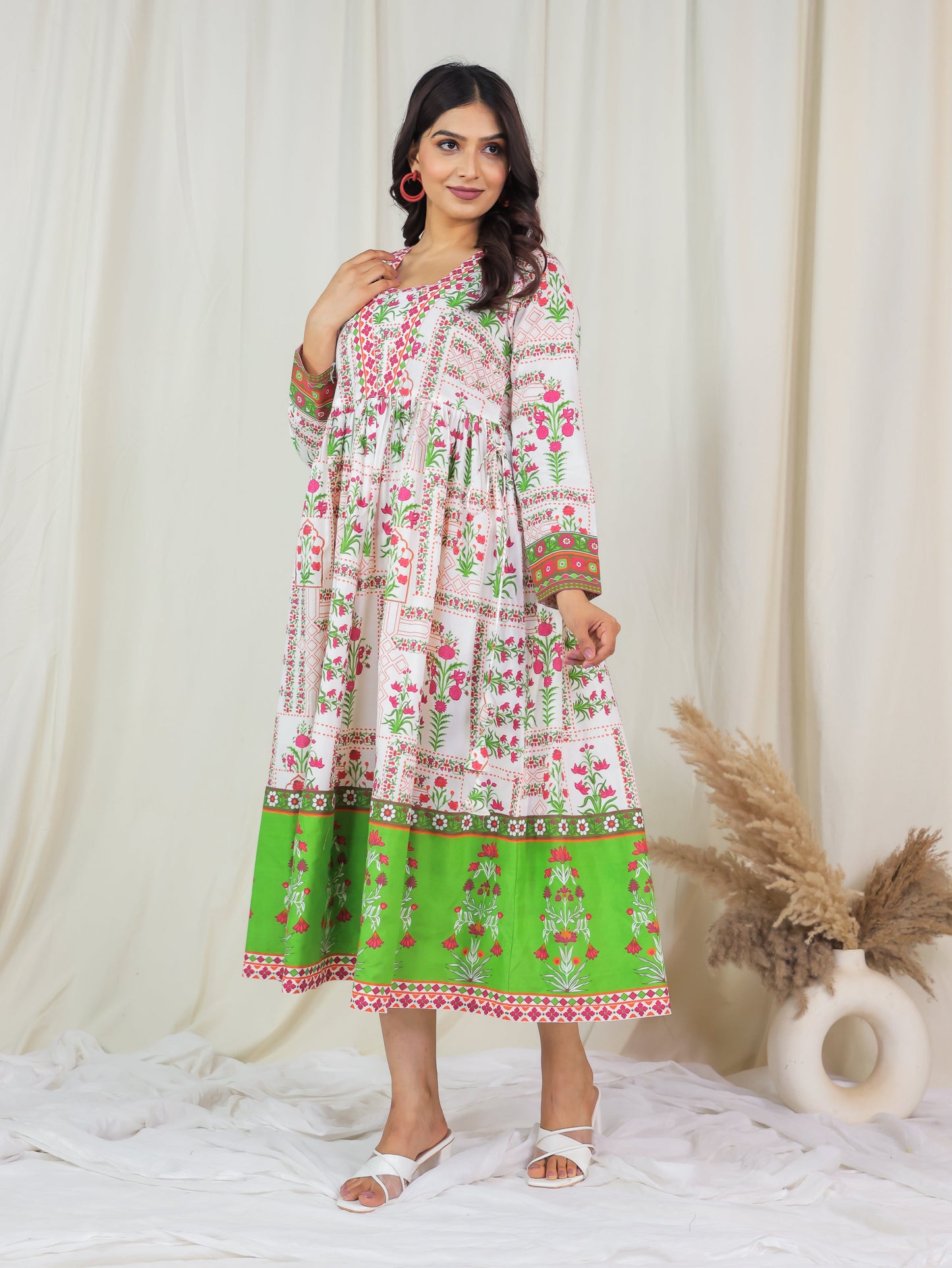 Soft Cotton Floral Anarkali Off White Dress