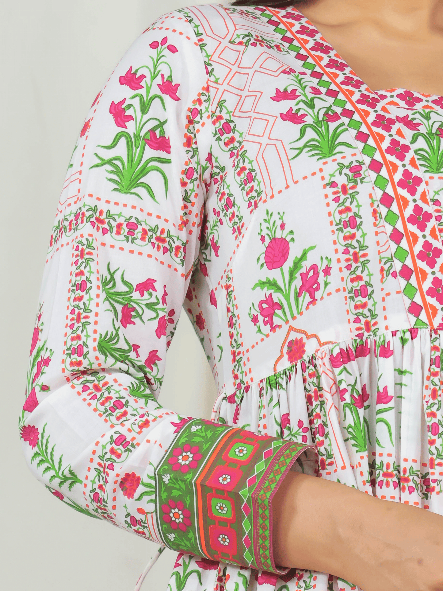 Soft Cotton Floral Anarkali Off White Dress