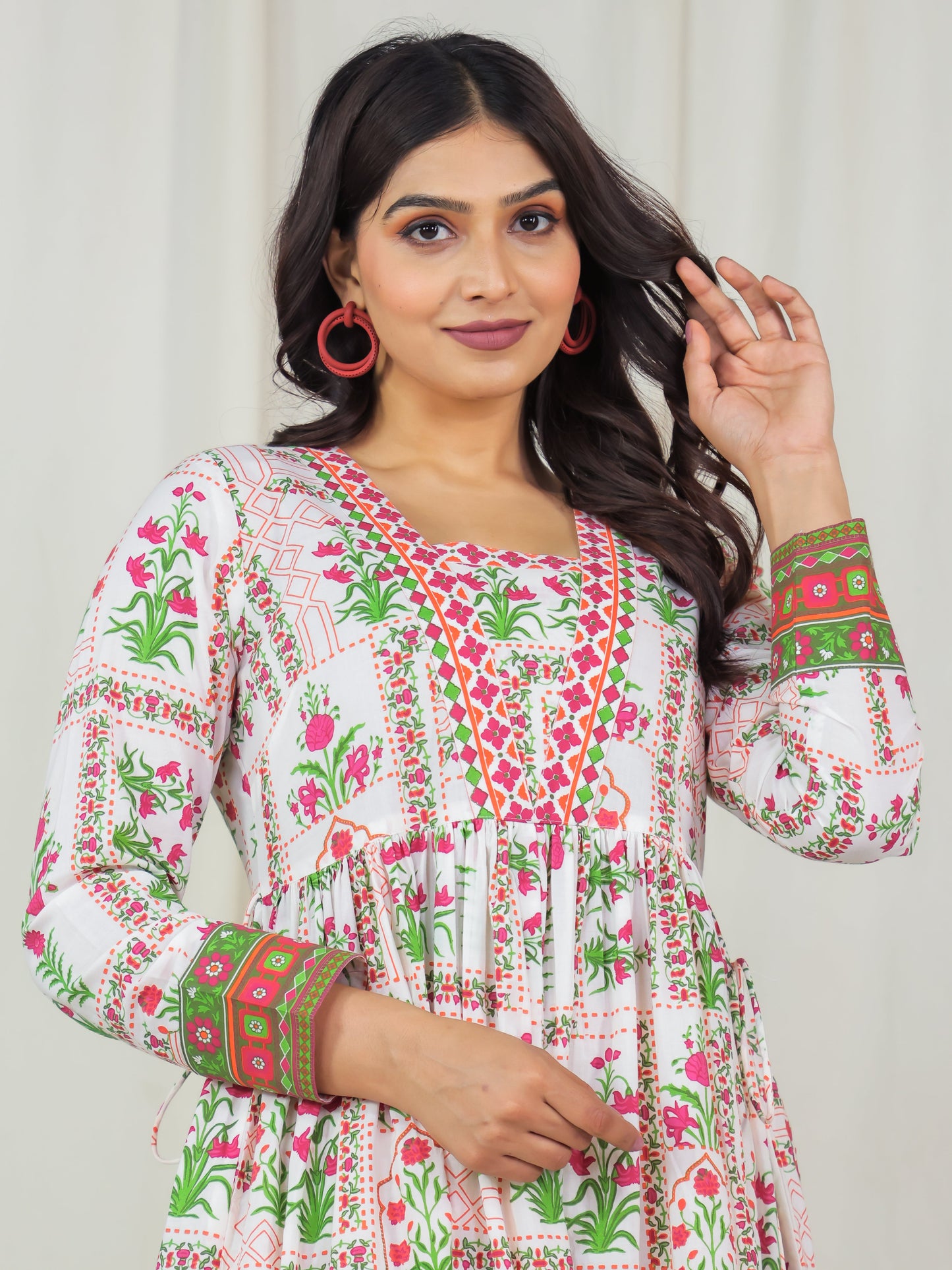 Soft Cotton Floral Anarkali Off White Dress