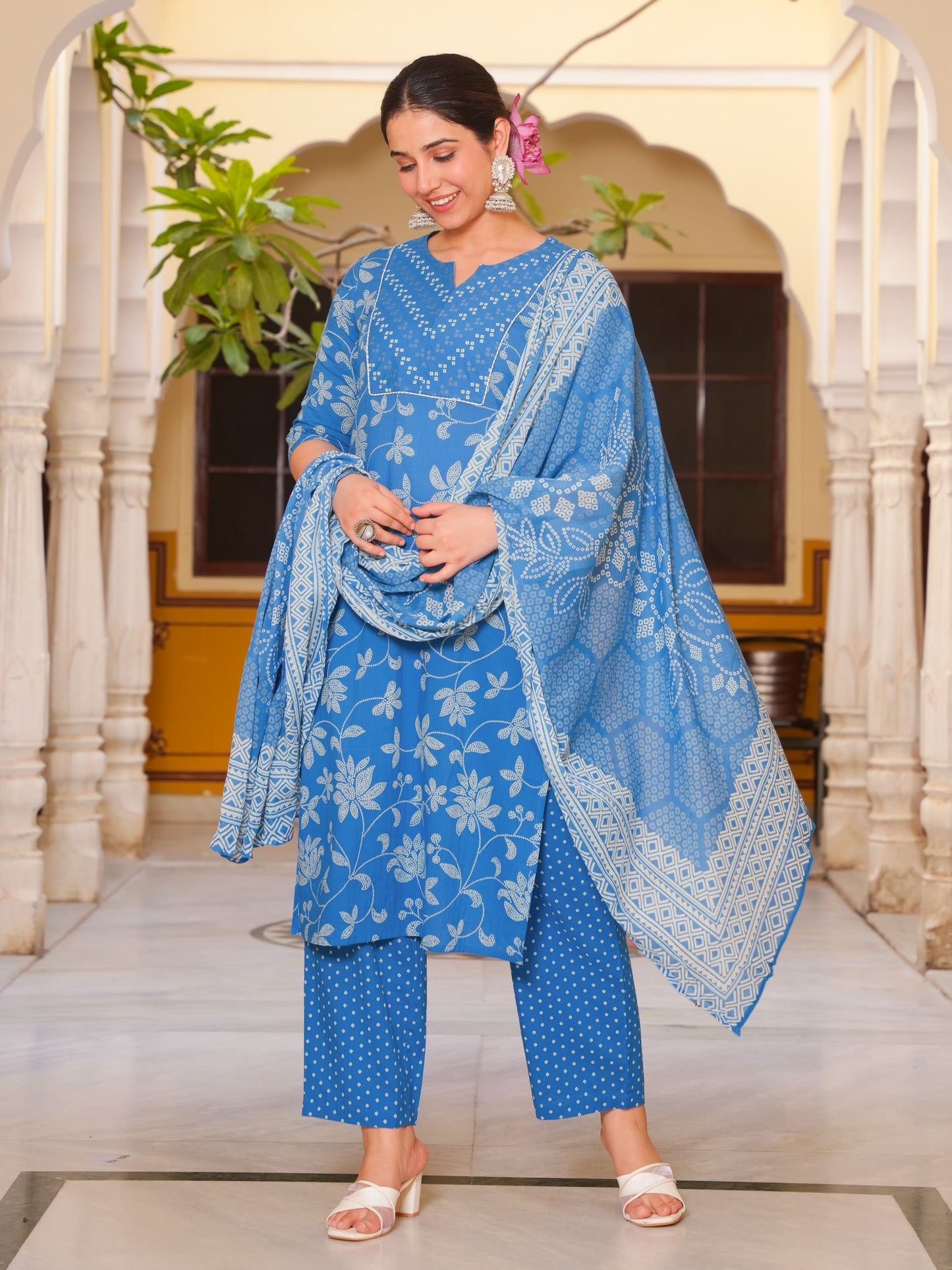 Soft Cotton Bandhani Straight Blue Kurta